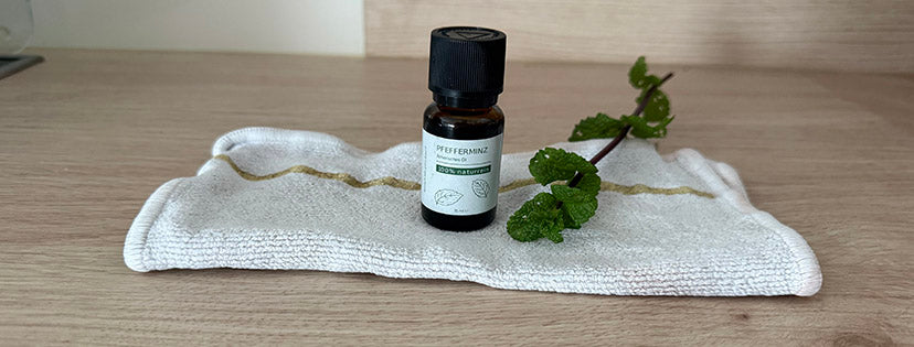 Pfefferminzölfläschchen neben frischen Pfefferminzblättern
