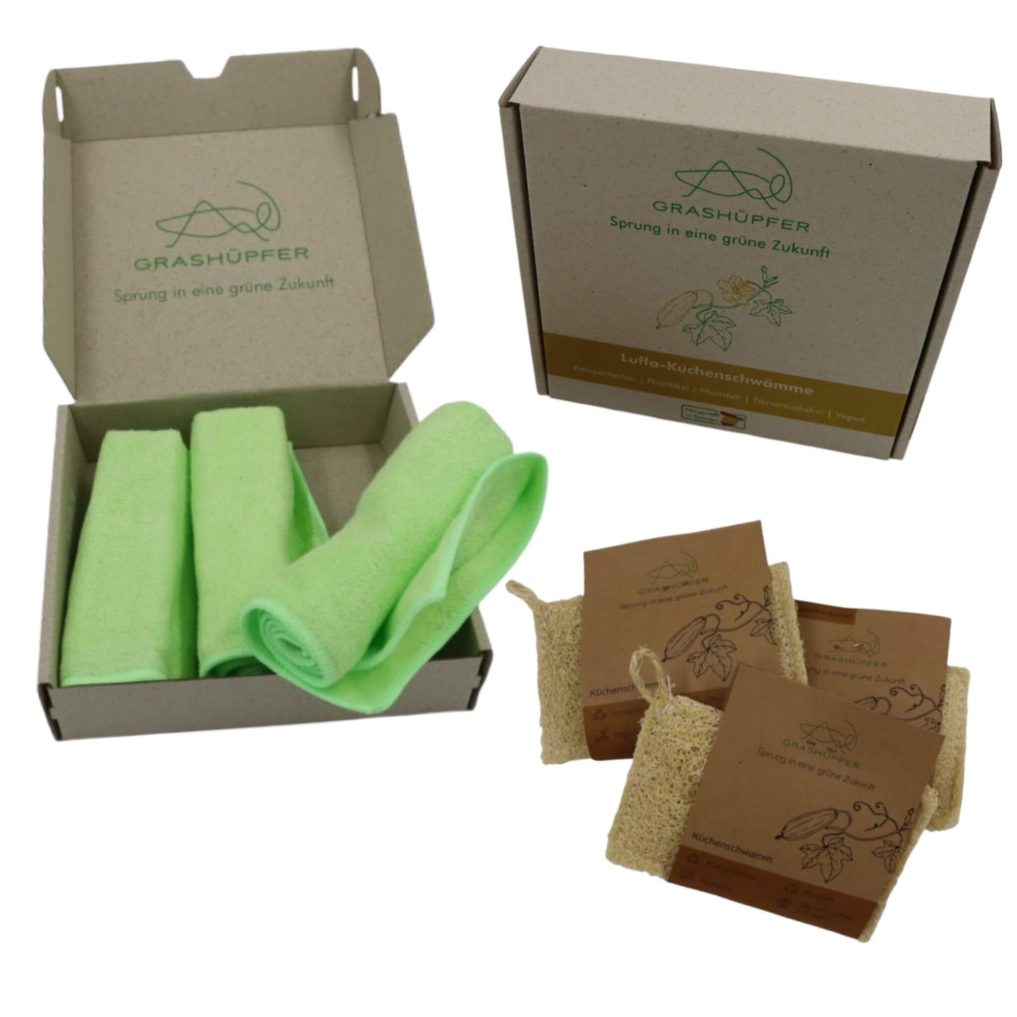Das Grashüpfer Allzweck-Wischtuchset Produktbild, besteht aus 3 nachhaltigen Verpackungen mit jeweils 3 natürlichen Bambustücher und 3 nachhaltigen Luffa-Schwämmen.