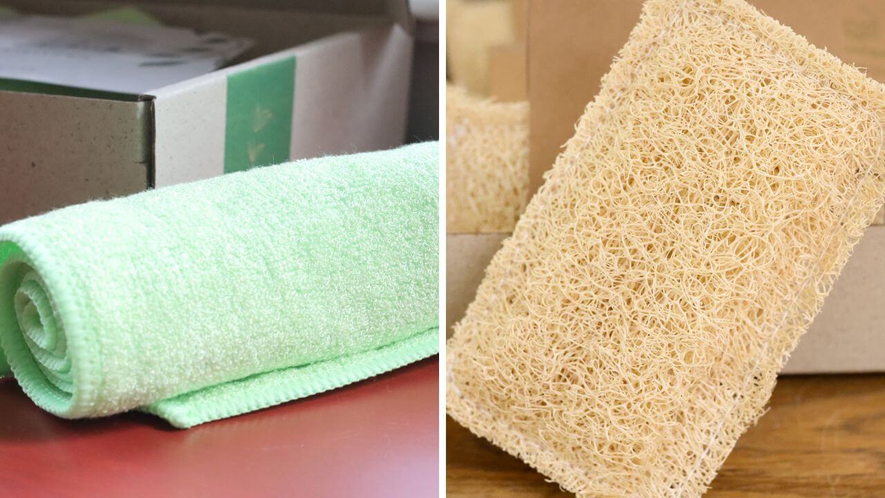 Das Grashüpfer Allzweck-Wischtuch-Set besteht aus Bambustüchern und Luffaschwämmen, welche in der Nahaufnahme zu sehen sind, und wie fein die natürliche Struktur ist.