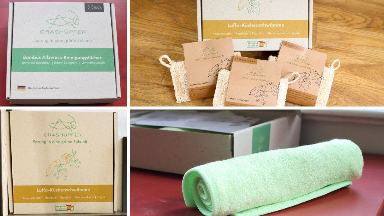 Die Verpackungen des Grashüpfer Allzweck Wischtuch-Sets aus recyceltem Karton, daneben Bambustücher & Luffa-Schwämme aus natürlichen Luffa-Gurken-Fasern.