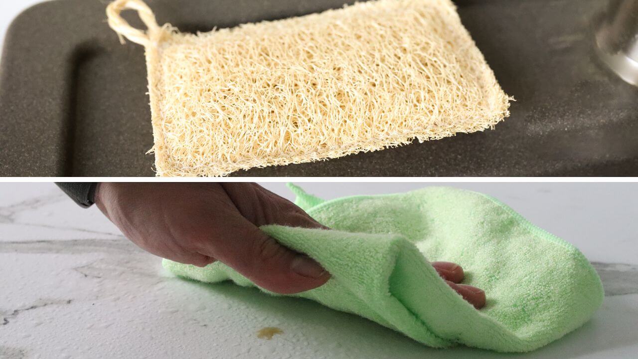 Die Komponenten des Grashüpfer-Allzweck-Wischtuch-Sets befinden sich im Einsatz, Bambustuch wischt über eine Küchenarbeitsplatte & Luffa-Schwamm liegt in der Spüle.