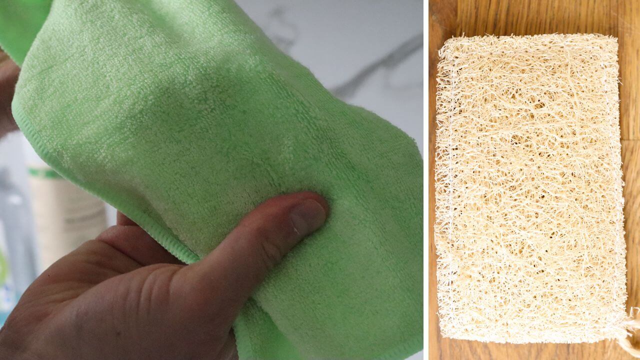 Die Wiederverwendbarkeit und Langlebigkeit des Grashüpfer Allzweck Wischtuchsets wird gezeigt, jemand wringt ein Bambustuch aus, daneben ein trocknender Luffa-Schwamm.