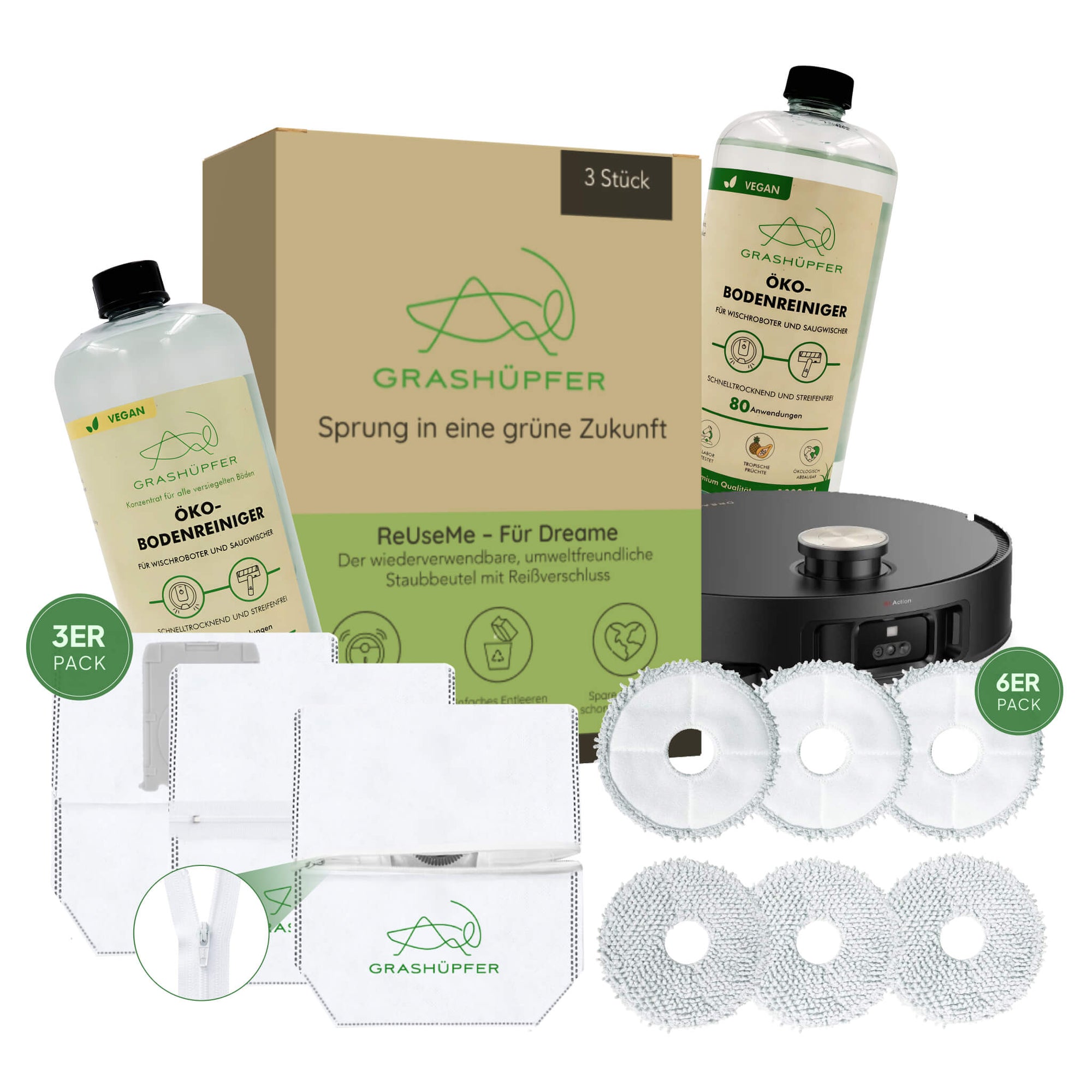 Grashüpfer Sorglospaket für Dreame / MOVA: Öko-Bodenreiniger in unterschiedlichen Duftrichtungen, 3er-Pack ReUseMe-Staubbeutel mit Reißverschluss und 6er-Pack Mikrofaser-Wischpads für eine nachhaltige Komplettreinigung.