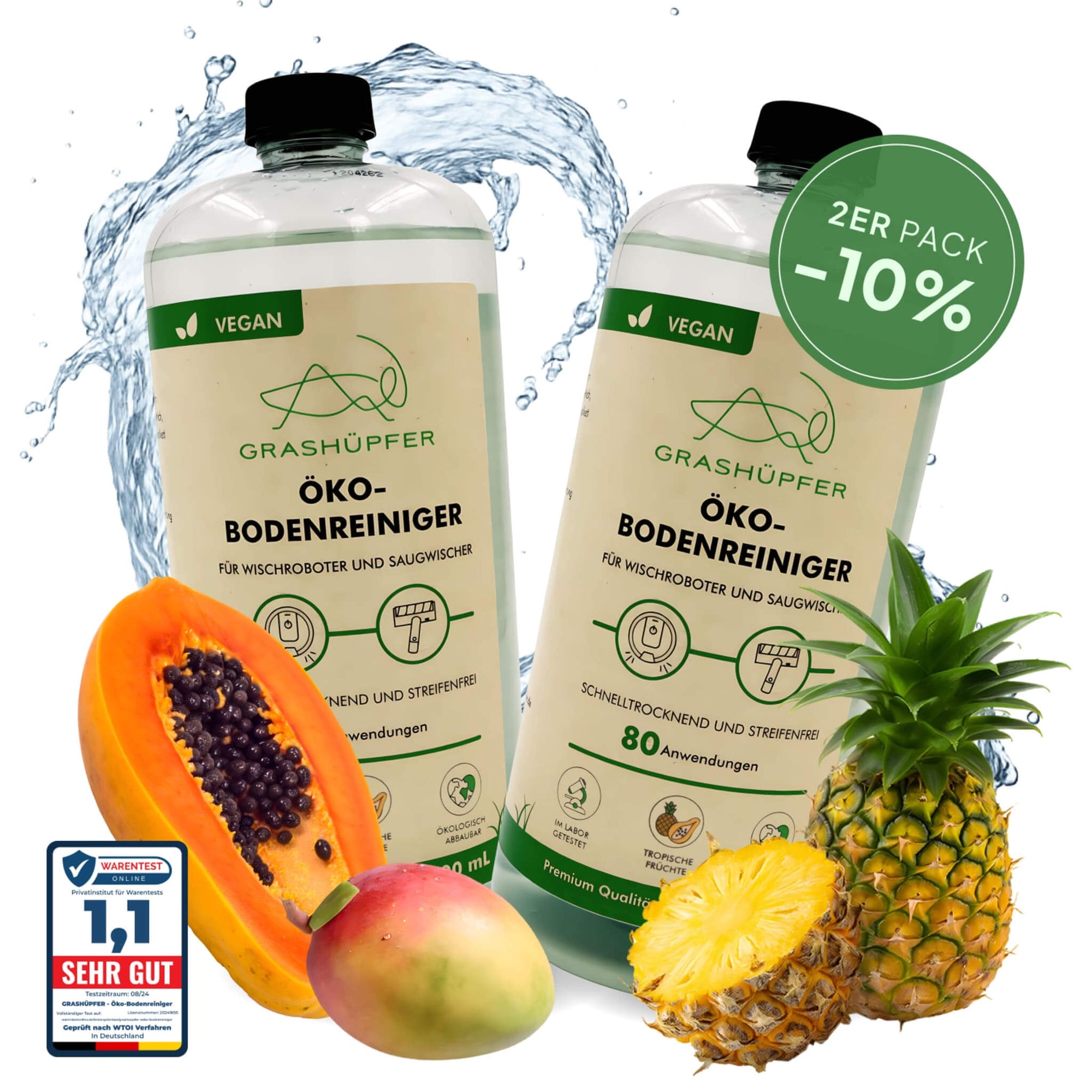 Der Öko-Bodenreiniger von Grashüpfer ist mit der Note 1,1 - SEHR GUT ausgezeichnet und auf das 2er-Pack gibt es -10% Rabatt.