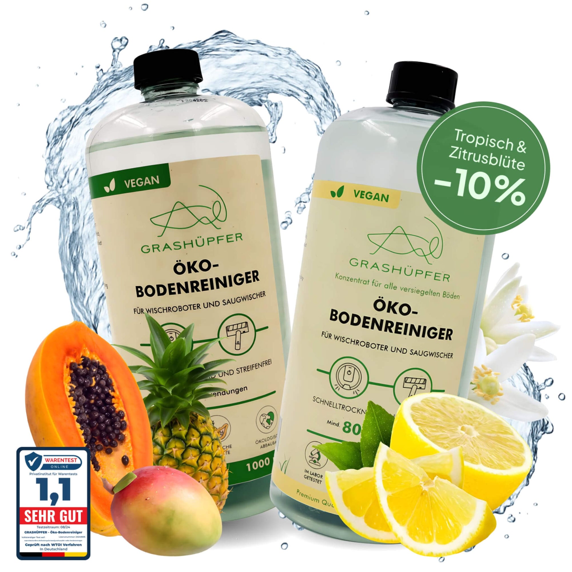 Der Grashüpfer Öko-Bodenreiniger mit Zitrusblüte-Duft und Tropischem Duft ist im Duft-Duett-Set zu sehen und im Angebot (- 10%) und ausgezeichnet von Warentest Online mit der Note 1,1 (Sehr gut).
