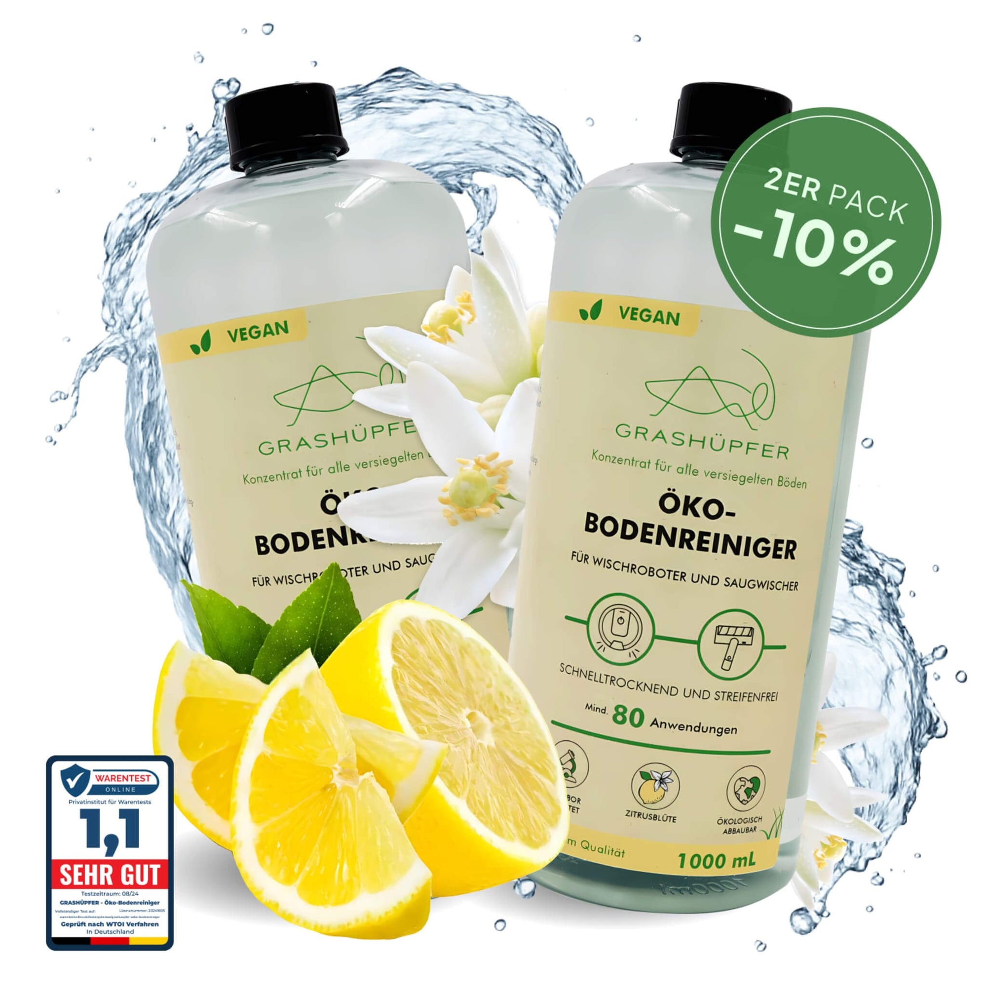 Der Grashüpfer Öko-Bodenreiniger mit Zitrusblüte-Duft ist im 2er-Pack zu sehen und im Angebot (- 10%) und ausgezeichnet von Warentest Online mit der Note 1,1 (Sehr gut).