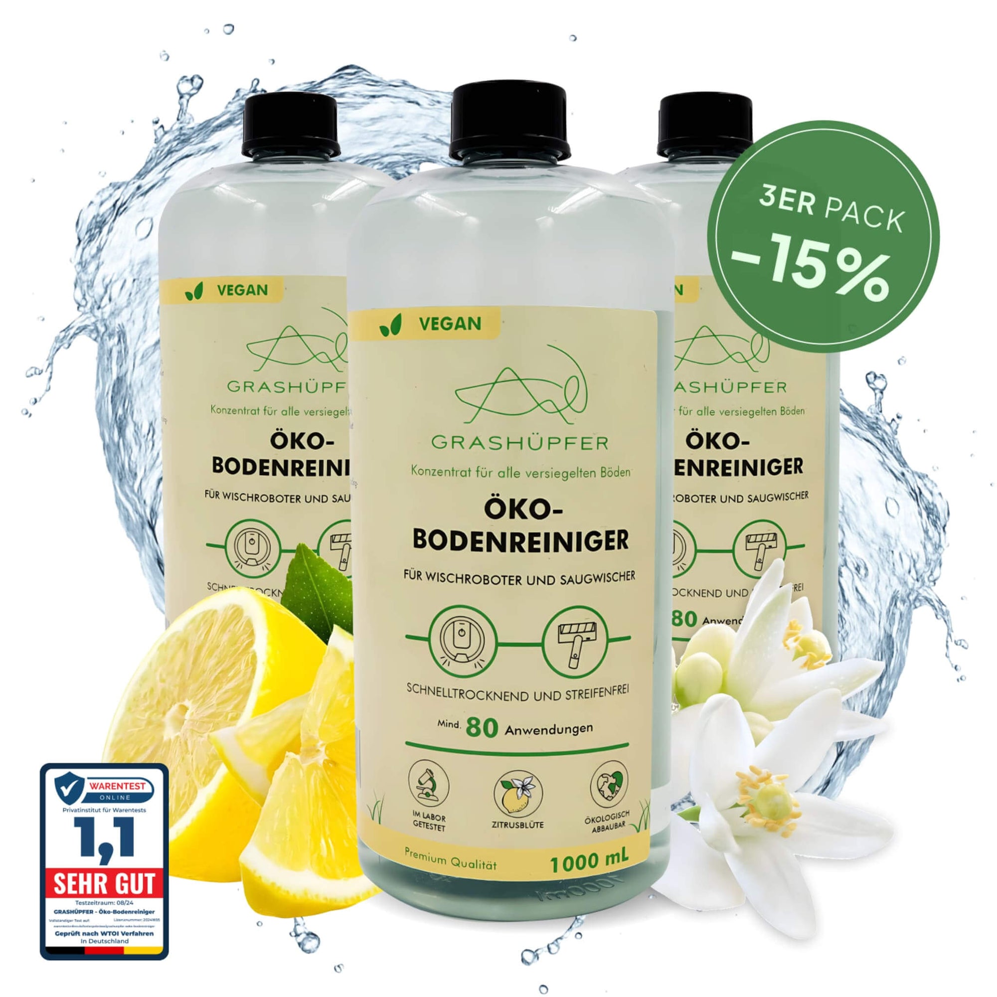 Der Grashüpfer Öko-Bodenreiniger mit Zitrusblüte-Duft ist im 3er-Pack zu sehen und im Angebot (- 15%) und ausgezeichnet von Warentest Online mit der Note 1,1 (Sehr gut).