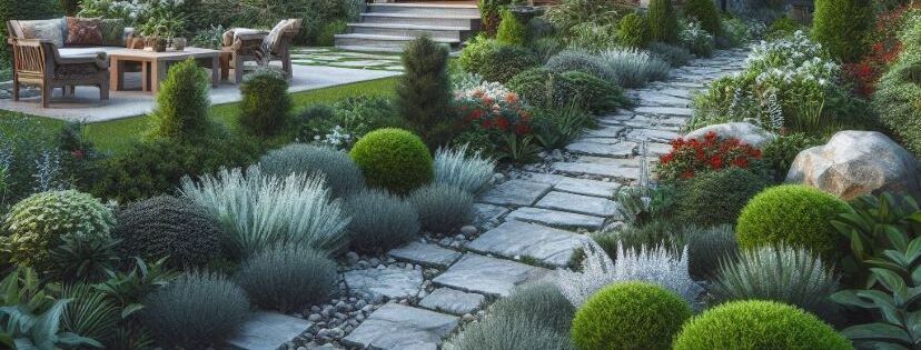 Granitplatten liegen im Garten umgeben von Natur und sollten gereinigt werden.