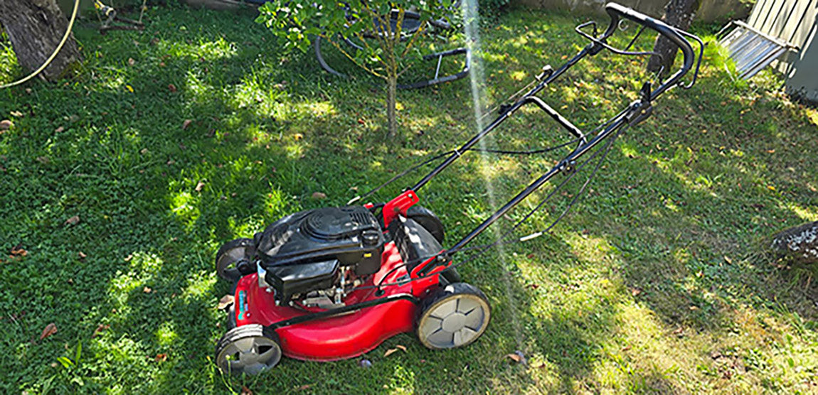 Ein Rasenmäher steht nach Benutzung im Gras und wartet auf seine richtige Reinigung.