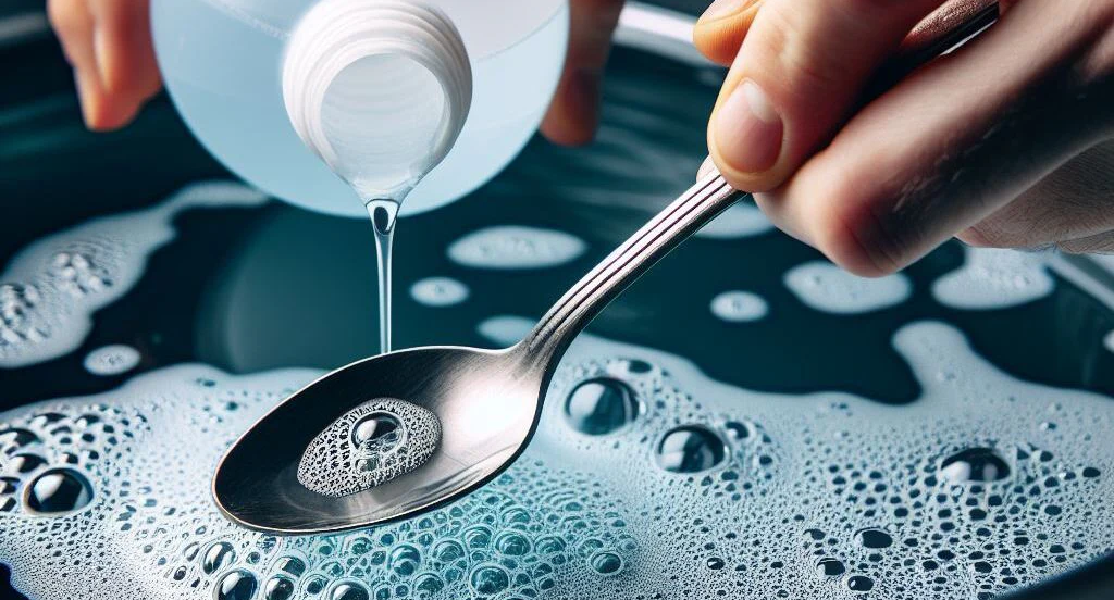 Die Ultraschallreiniger Flüssigkeit wird auf einen Löffel und in das Bad des Ultraschallreinigungsgeräts gekippt.