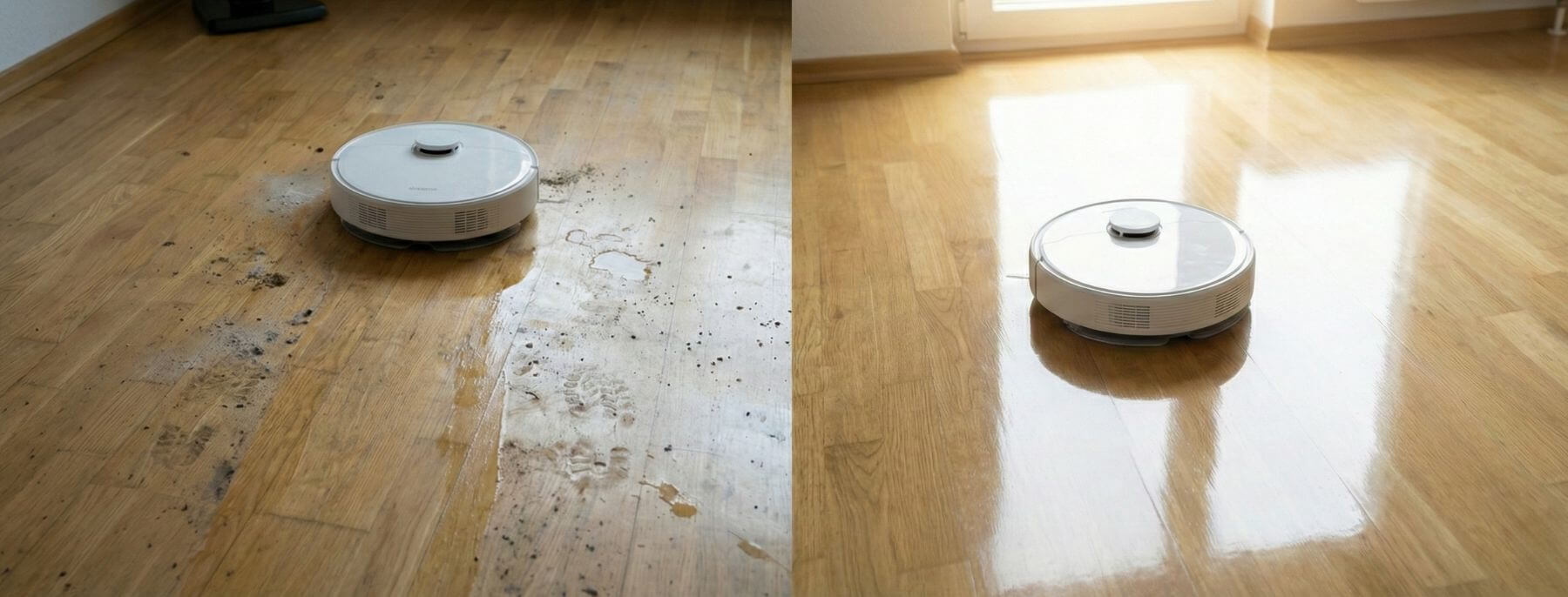 Der Wischroboter wischt aufgrund der Reinigungstipps für Wischsauger und Saugwischer den Boden perfekt blank im Vergleich zu davor. 