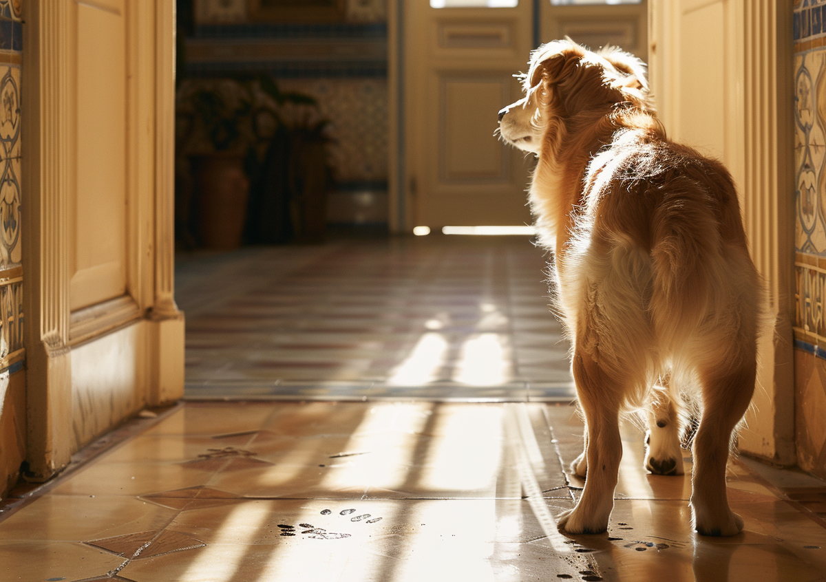 Ein Hund steht in einer Wohnung auf dem Boden, nachdem er mit dem Grashüpfer Öko-Bodenreiniger für Wischroboter und Saugwischer gereinigt wurde.