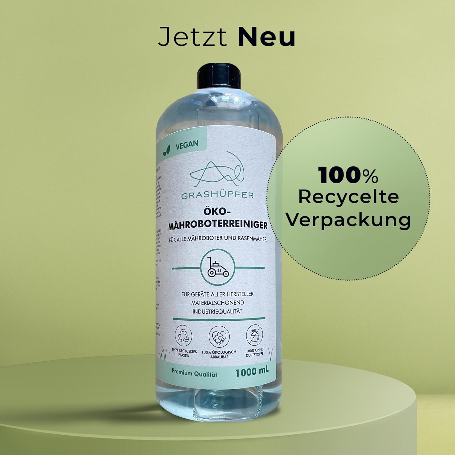 Der Öko-Mähroboterreiniger von Grashüpfer hat eine zu 100% recycelte Verpackung.