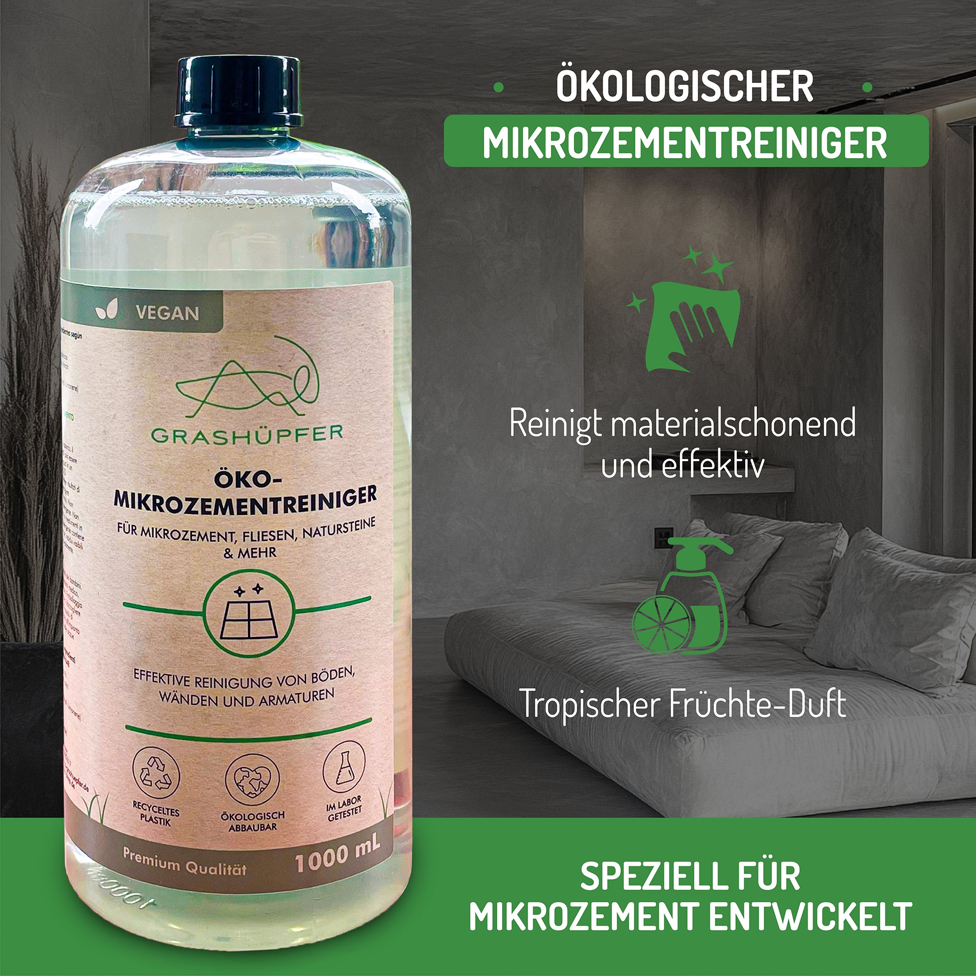 Der Öko-Mikrozementreiniger von Grashüpfer ist zu sehen und er reinigt materialschonend und effektiv und hat einen tropischen Früchte-Duft und ist speziell für Mikrozement entwickelt.