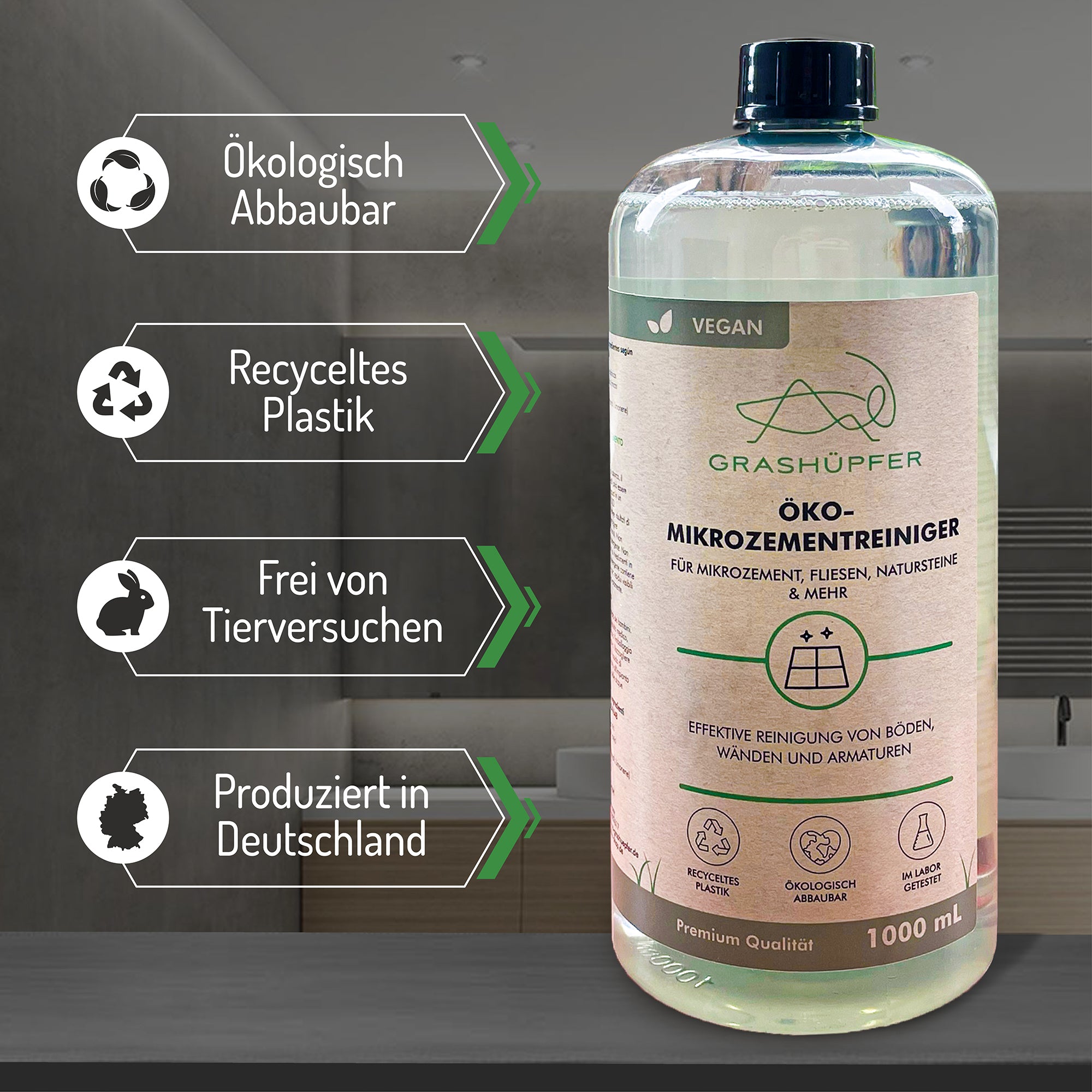 Der Öko-Mikrozementreiniger von Grashüpfer  ist zu sehen und ist ökologisch abbaubar, in einer Flasche aus 100% recyceltem Plastik, frei von Tierversuchen und produziert in Deutschland.