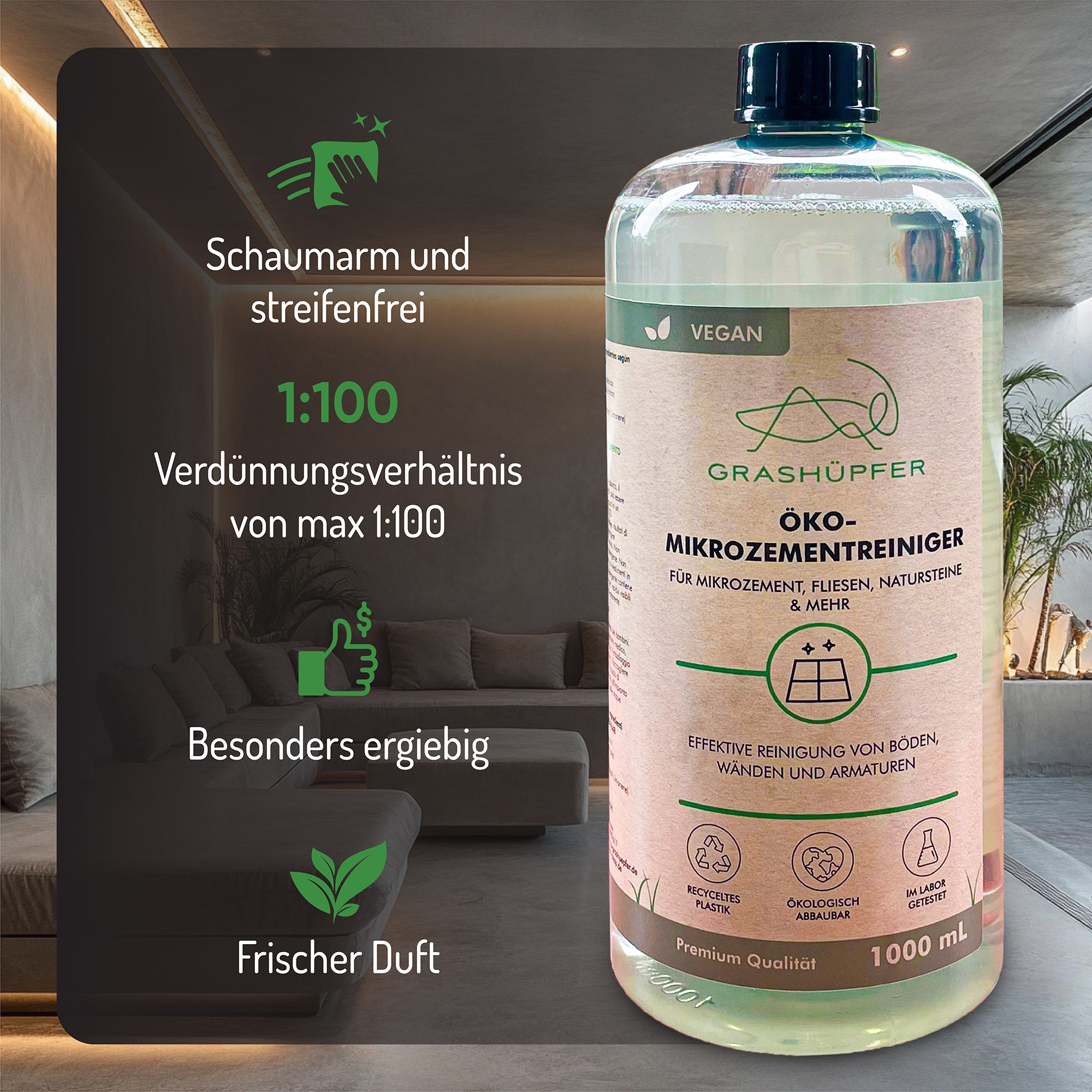 Der Öko-Mikrozementreiniger von Grashüpfer ist in der Flasche zu sehen und daneben sind Vorteile wie: schaumarm und streifenfrei, hat ein Verdünnungsverhältnis von 1:100, ist dadurch besonders ergiebig und hat einen sehr frischen Duft.