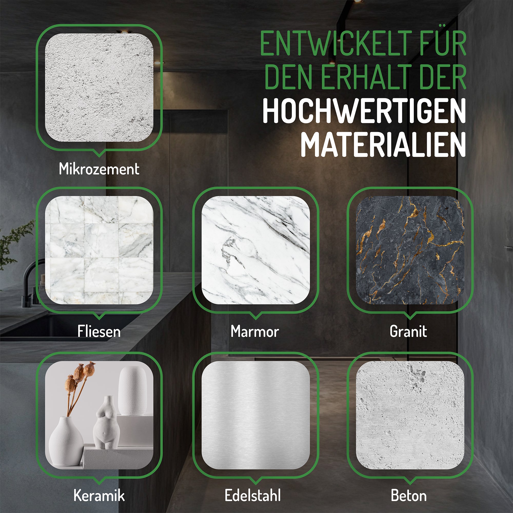 Der Öko-Mikrozementreiniger von Grashüpfer ist entwickelt für den Erhalt von hochwertigen Materialien wie Mikrozement, Fliesen, Marmor, Granit, Keramik, Edelstahl und Beton.