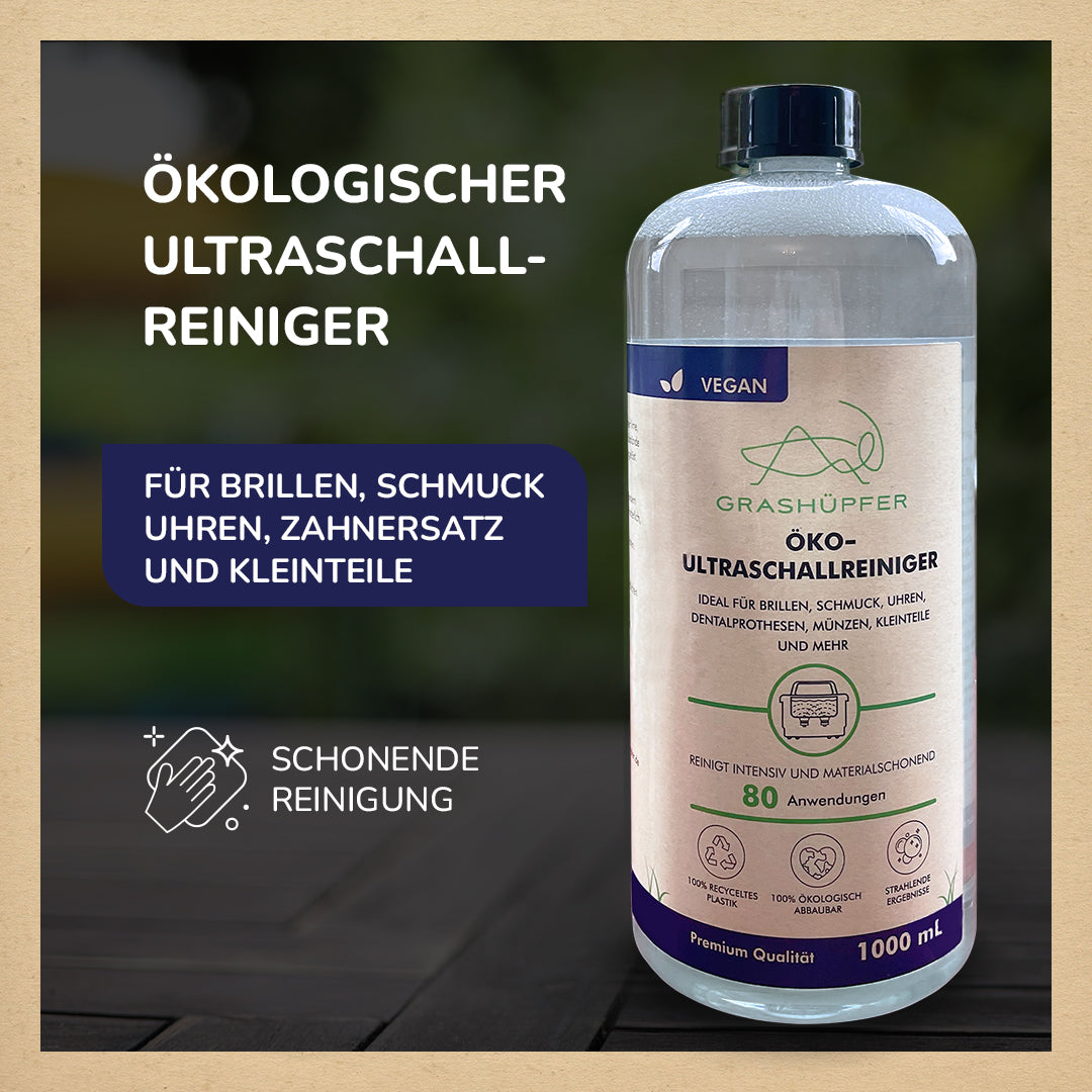 Der Öko-Ultraschallreiniger von Grashüpfer ist in der Flasche zu sehen und ist für Brille, Schmuck, Zahnersatz und Kleinteile mit für eine schonende Reinigung geeignet.