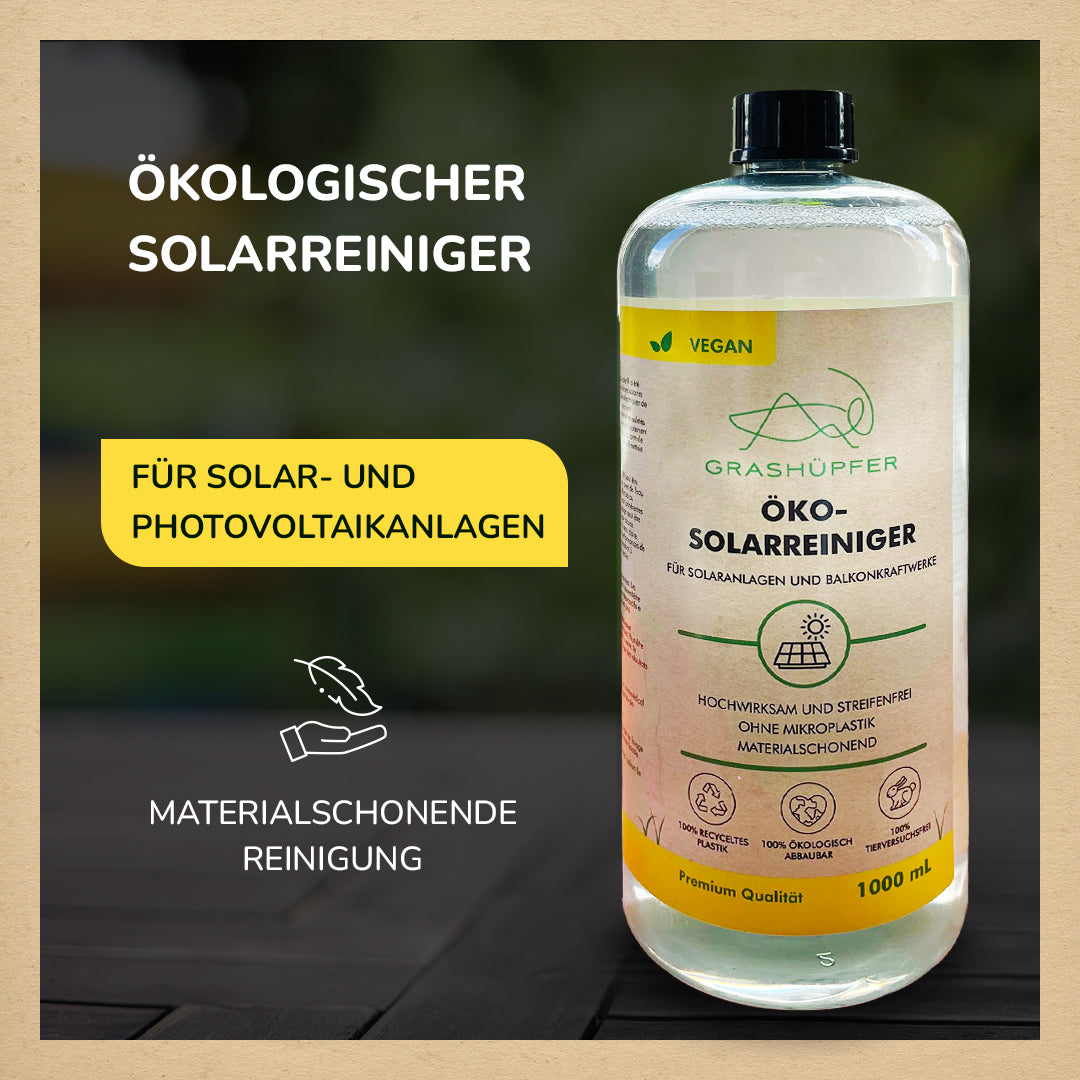 Der Öko-Solarreiniger von Grashüpfer ist in der Flasche zu sehen und ist ein ökologischer Solarreiniger für Solar und Photovoltaikanlagen, entwickelt für eine materialschonende Reinigung.