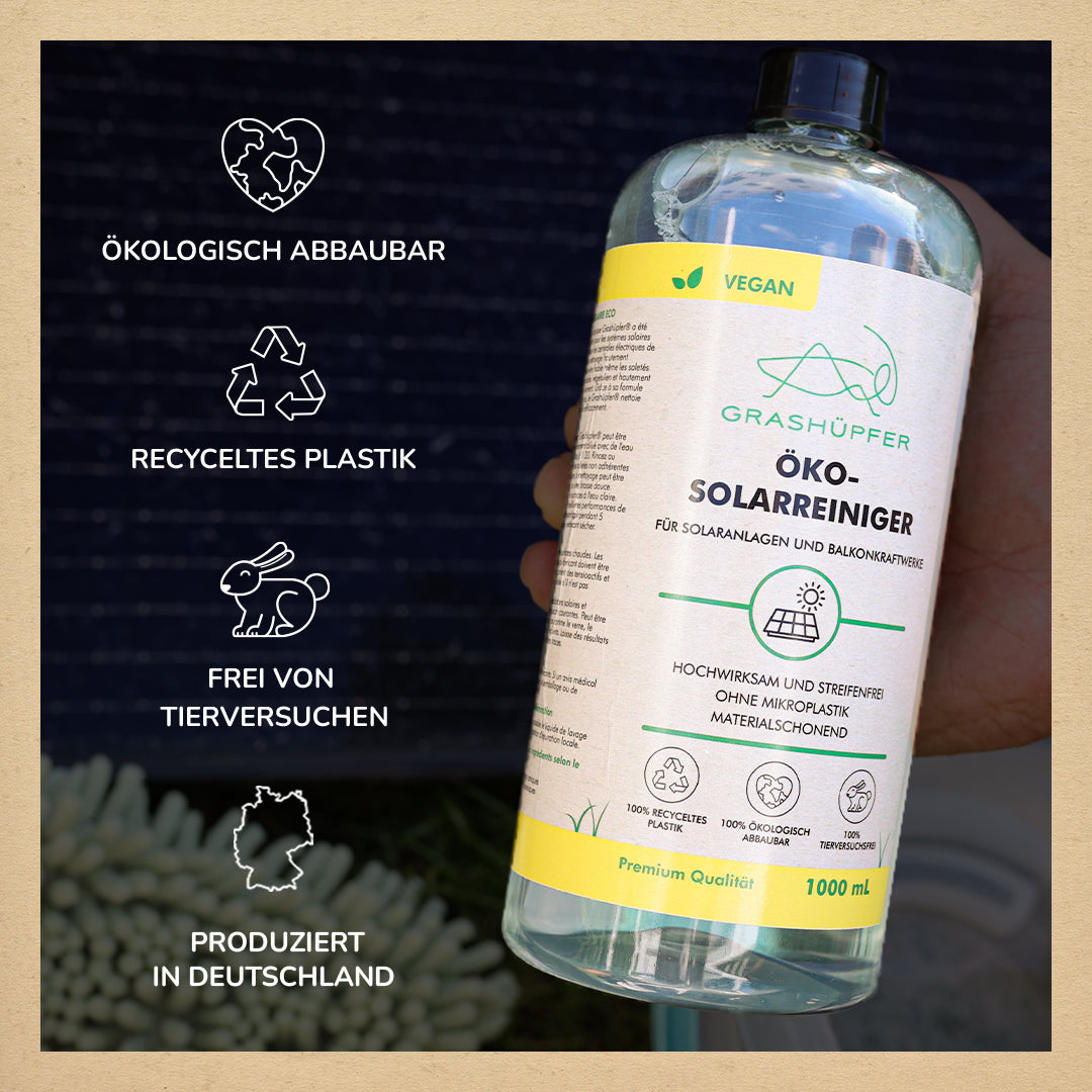 Der Öko-Solarreiniger von Grashüpfer ist in der Flasche zu sehen und ist ökologisch abbaubar, in einer Flasche aus recyceltem Plastik, frei von Tierversuchen und produziert in Deutschland.