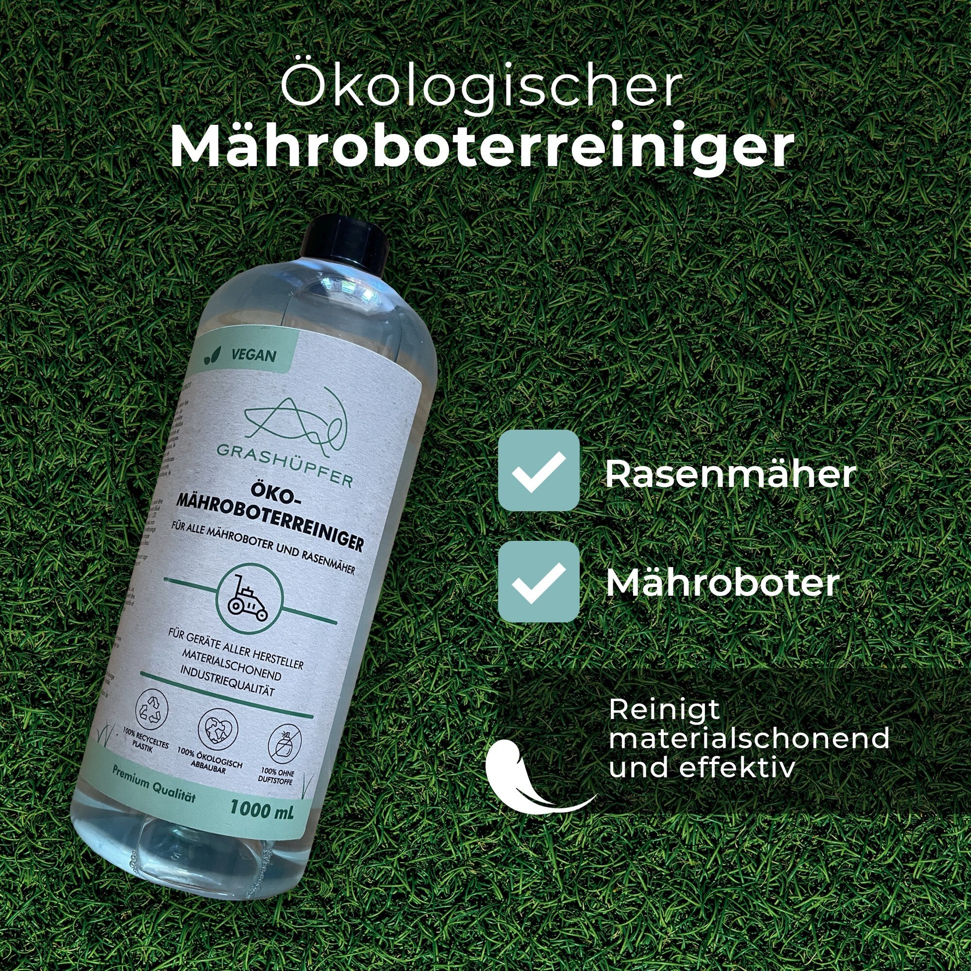 Der Öko-Mähroboterreiniger von Grashüpfer liegt auf dem Rasen und ist für Rasenmäher und Mähroboter geeignet und reinigt materialschonend und effektiv.