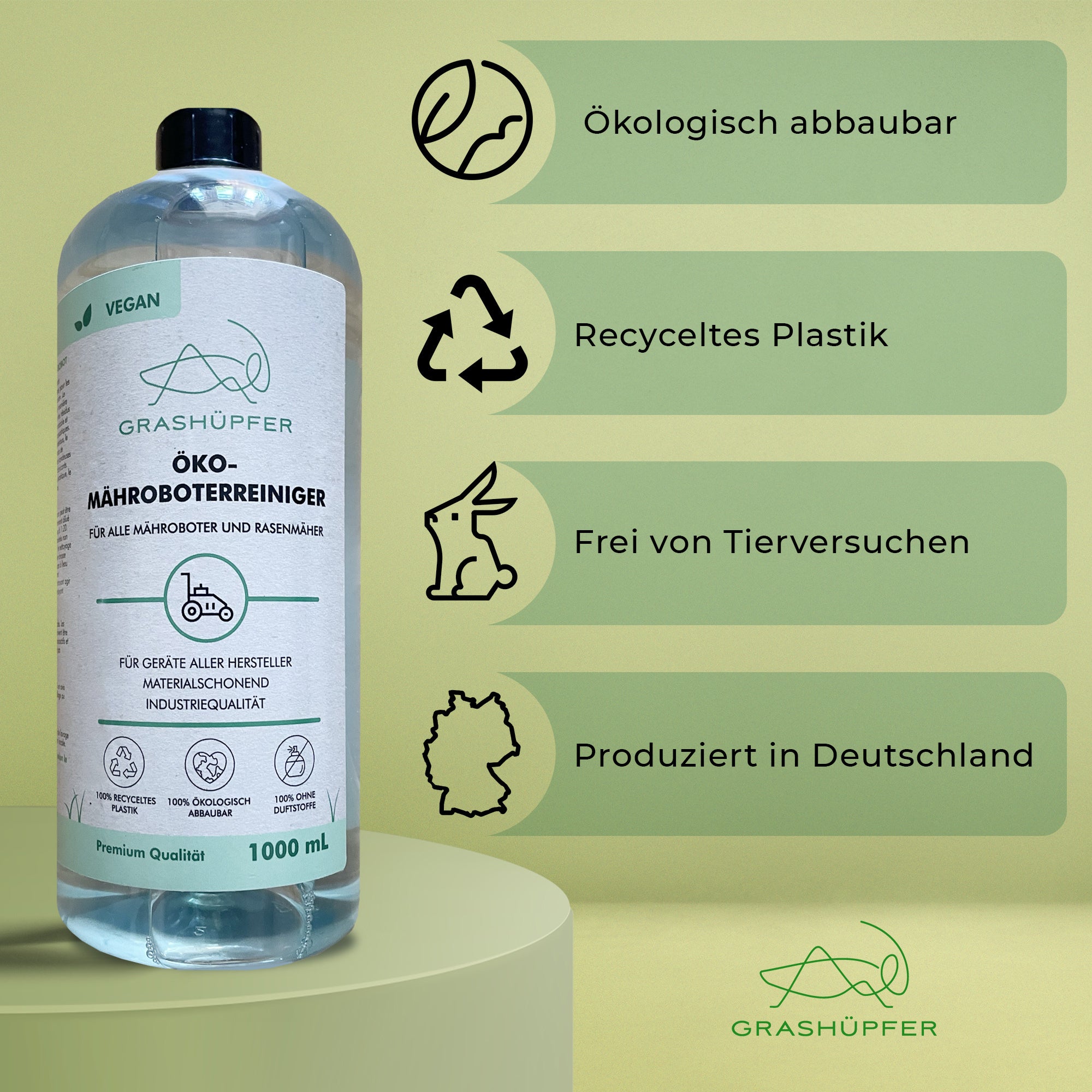 Der Öko-Mähroboterreiniger von Grashüpfer ist ökologisch abbaubar, in einer Flasche aus recycelten Plastik, frei von Tierversuchen und produziert in Deutschland.