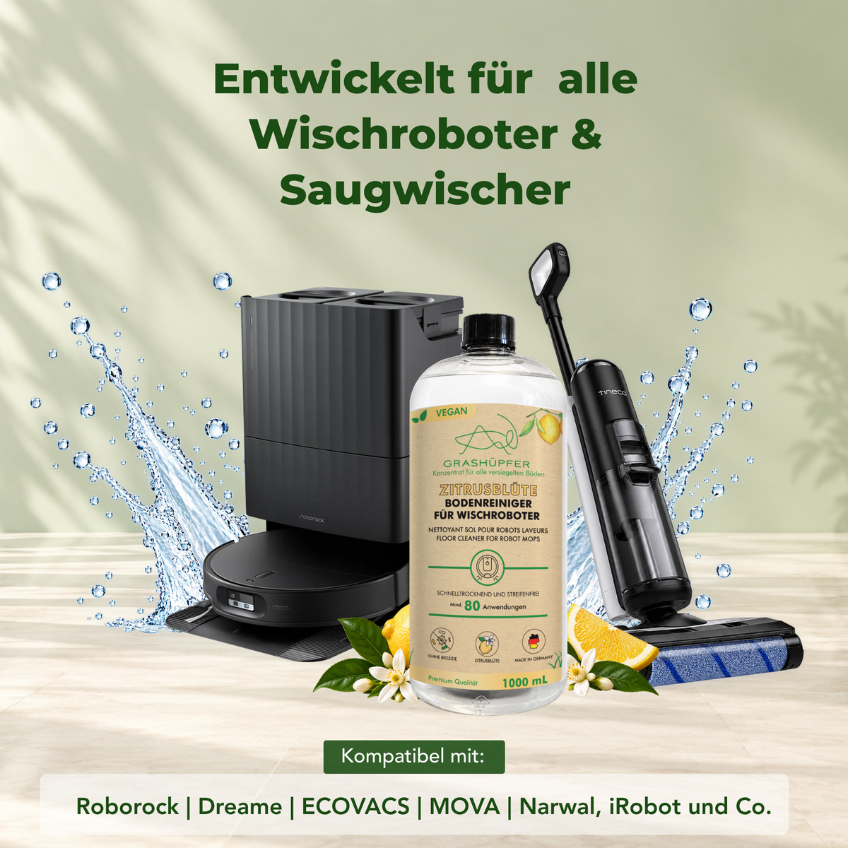 Grashüpfer Bodenreiniger Zitrusblüte neben einem Roborock Saug-Wischroboter mit Station und einem Tineco Wischsauger, umgeben von Zitronen und Blüten.