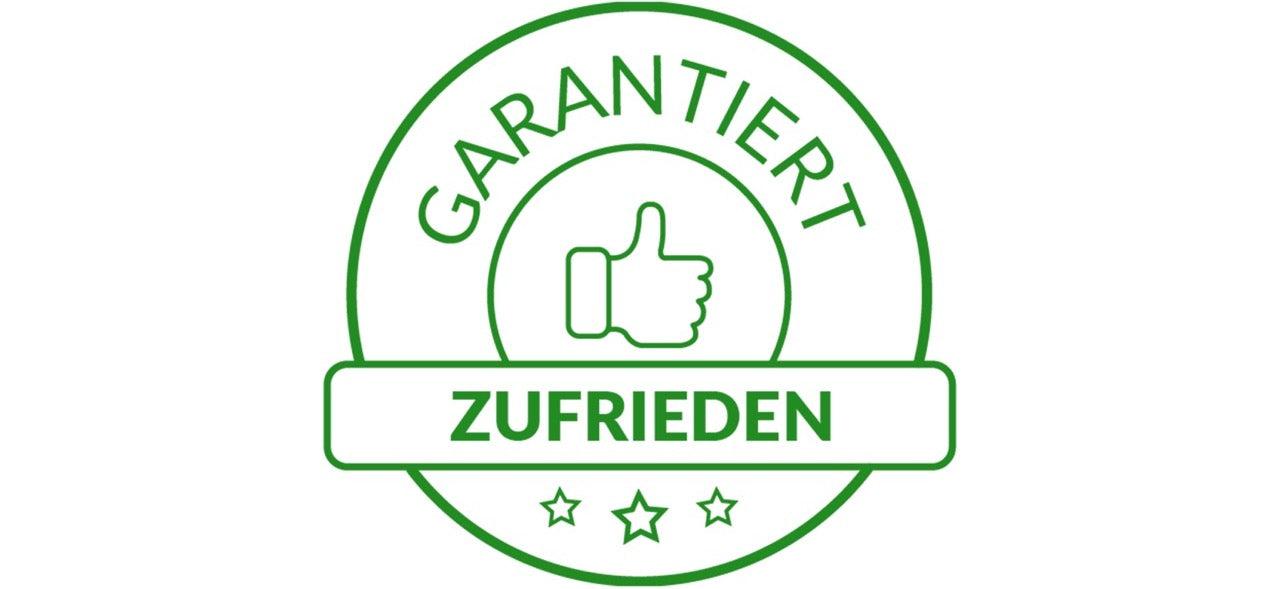 Ein Symbol mit einem Daumen Hoch, darüber steht GARANTIERT, darunter ZUFRIEDEN und 3 Sterne, was für die Zufriedenheitsgarantie der Käufer von Grashüpfer Produkten steht.