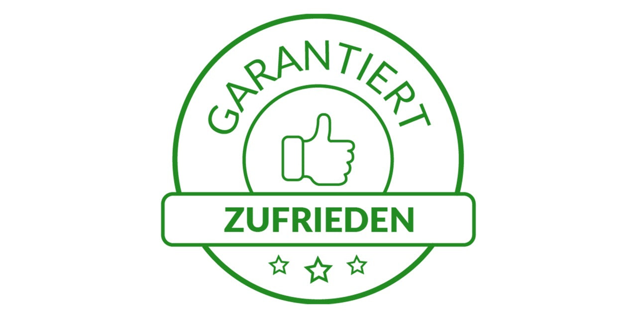 Ein Symbol mit einem Daumen hoch, darüber steht GARANTIERT ZUFRIEDEN mit 3 Sternen, was bedeutet, dass die Nutzer der Grashüpfer Öko Produkte garantiert zufrieden sind.