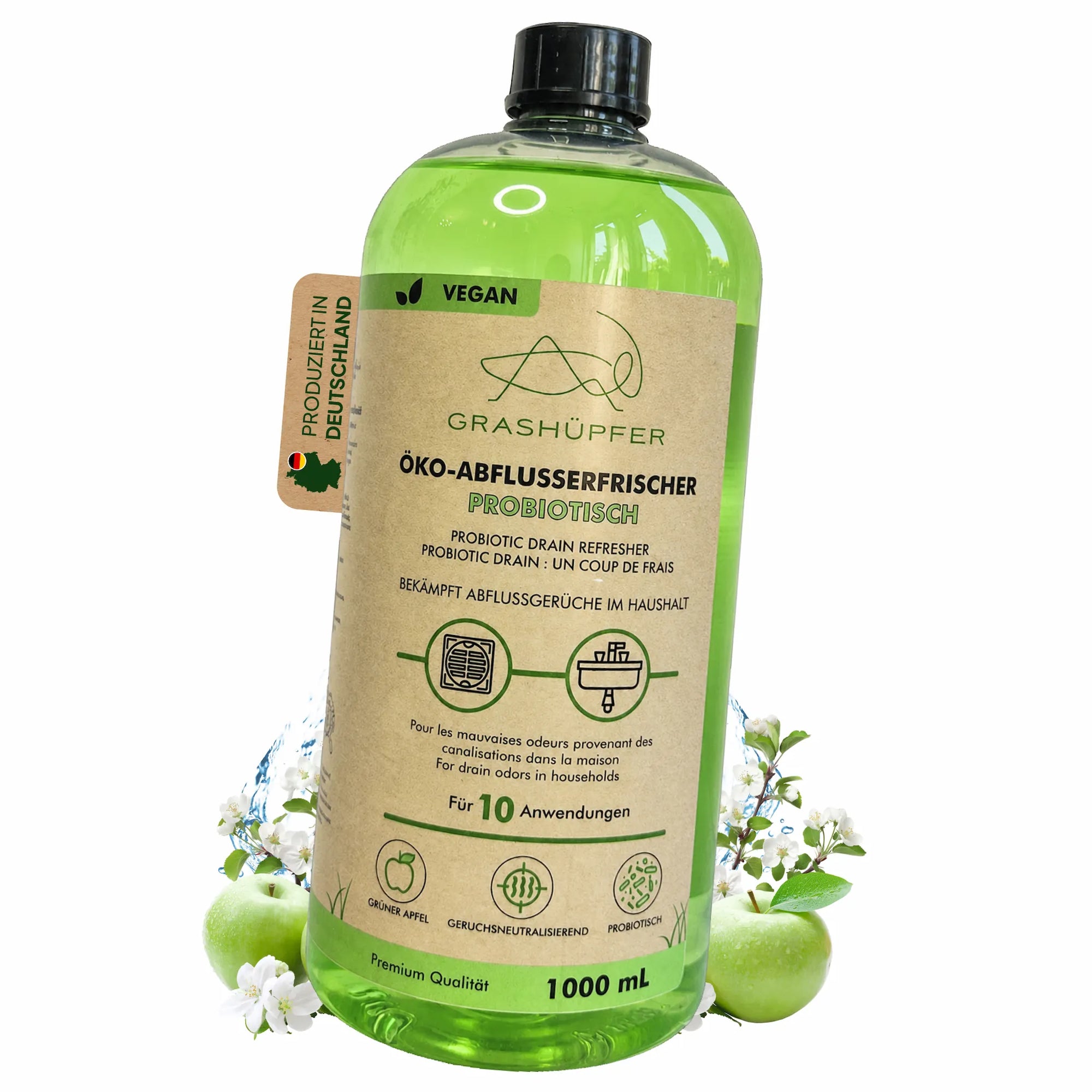 Grashüpfer probiotischer Öko-Abflusserfrischer Grüner Apfel gegen Abflussgerüche im Haushalt, mit Apfelmotiv und produziert in Deutschland Hinweis.