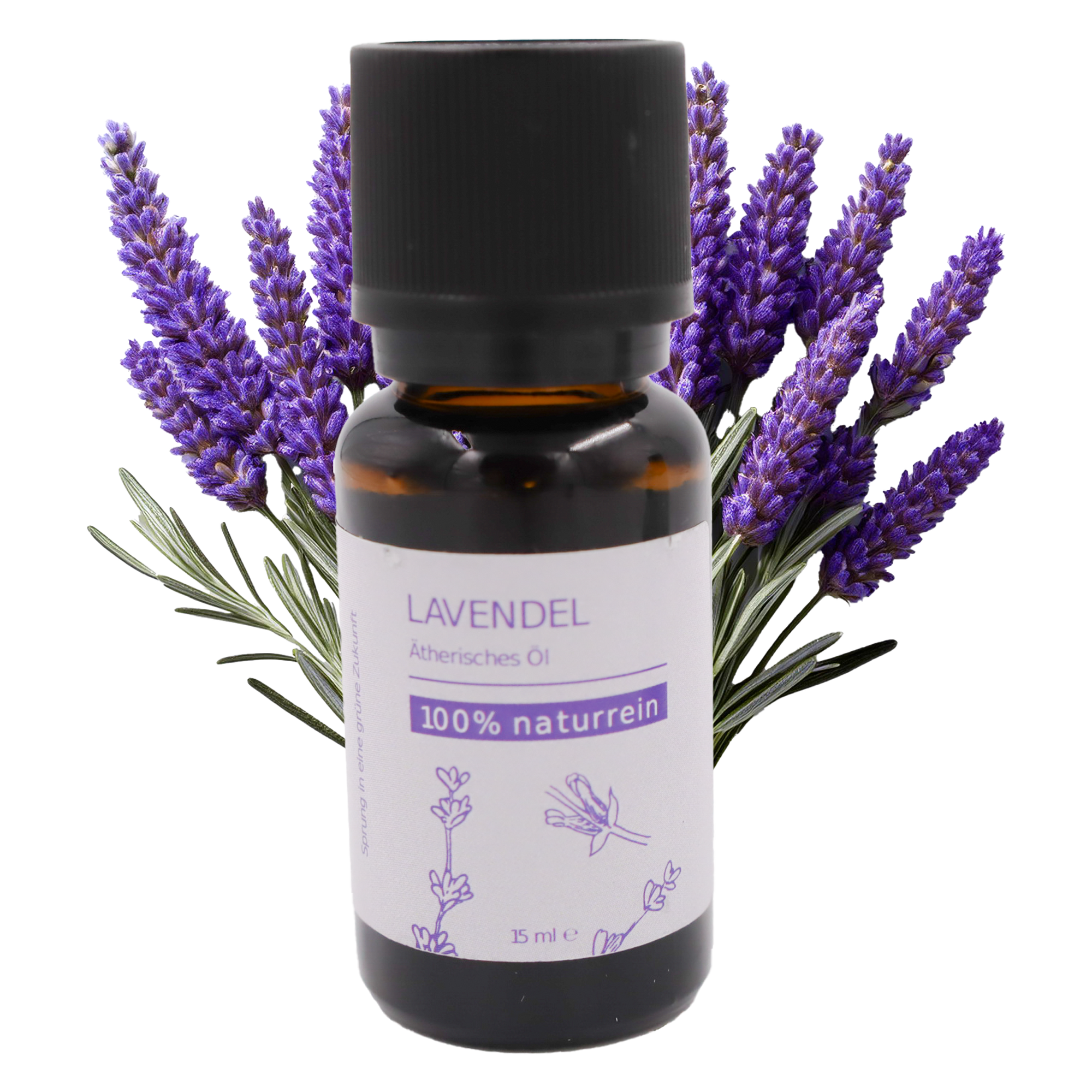 Das Grashüpfer ätherisches Lavendel Öl ist 100% naturrein und steht in einer 15 ml Glasflasche auf einem Holzbrett.