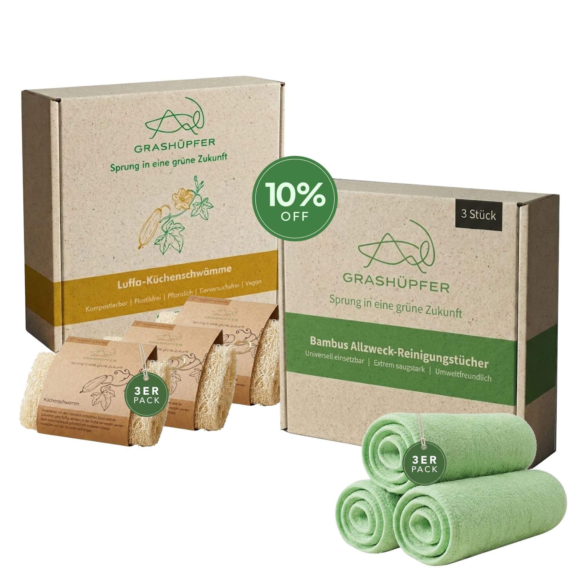 Das Grashüpfer Allzweck-Wischtuchset Produktbild, besteht aus 3 nachhaltigen Verpackungen mit jeweils 3 natürlichen Bambustücher und 3 nachhaltigen Luffa-Schwämmen.