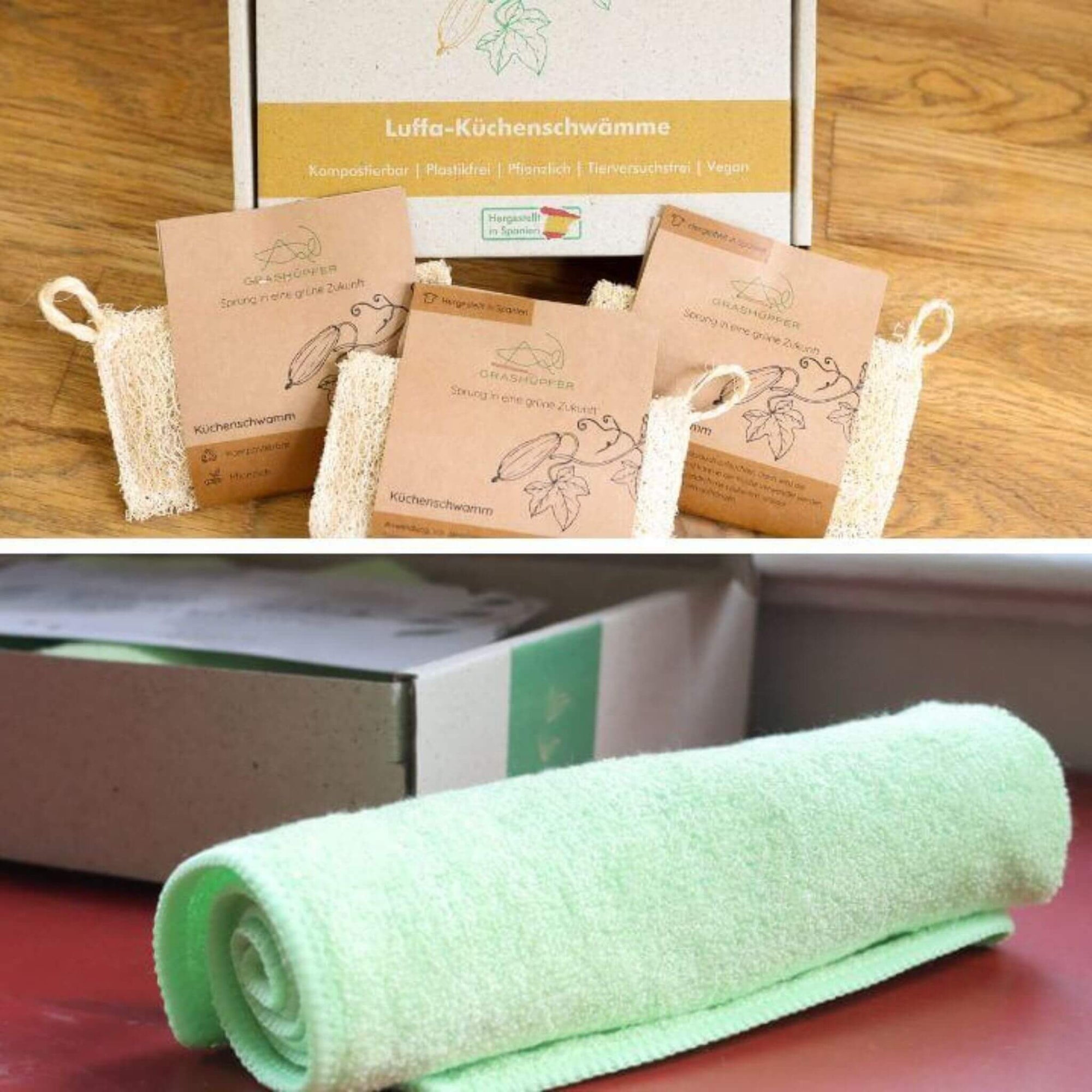 Nachhaltiges Reinigungsset von Grashüpfer mit Luffa-Küchenschwämmen und grünem Bambus-Wischtuch – plastikfrei, vegan, kompostierbar.