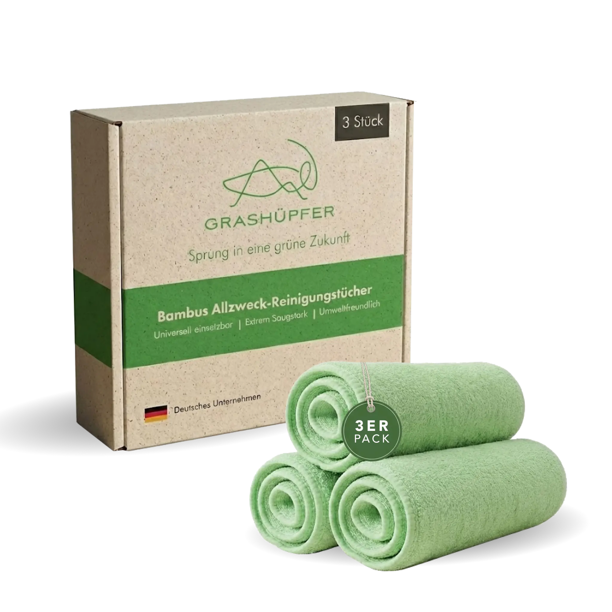 Bambus Allzweck Reinigungstücher von Grashüpfer, 3 Stück, aufgerollt und die Produktverpackung ist daneben zu sehen.