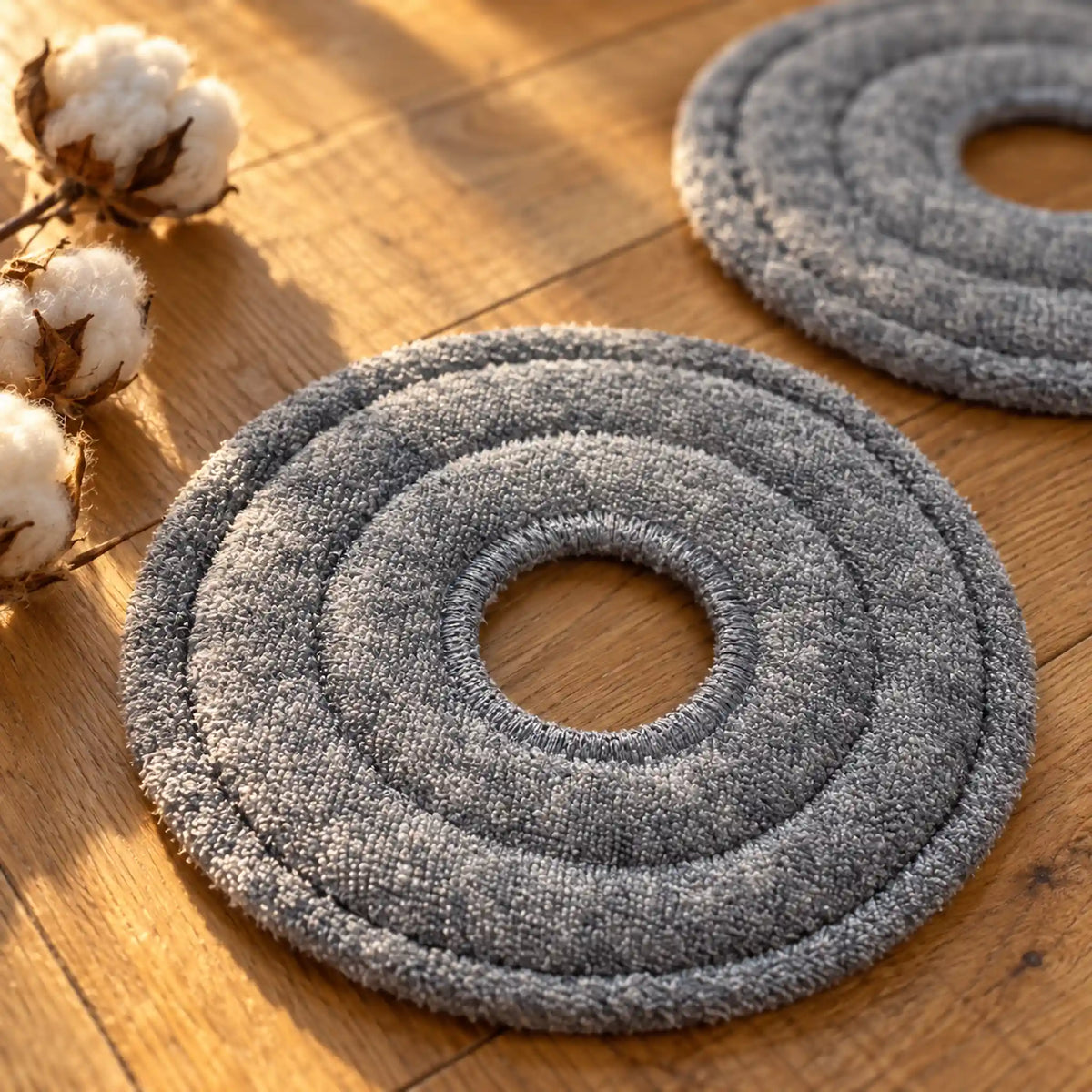 Nahaufnahme eines grauen Grashüpfer Baumwoll-Wischpads auf Holzboden. Die textile Oberfläche, kreisförmigen Nähte und mittige Öffnung sind deutlich erkennbar.