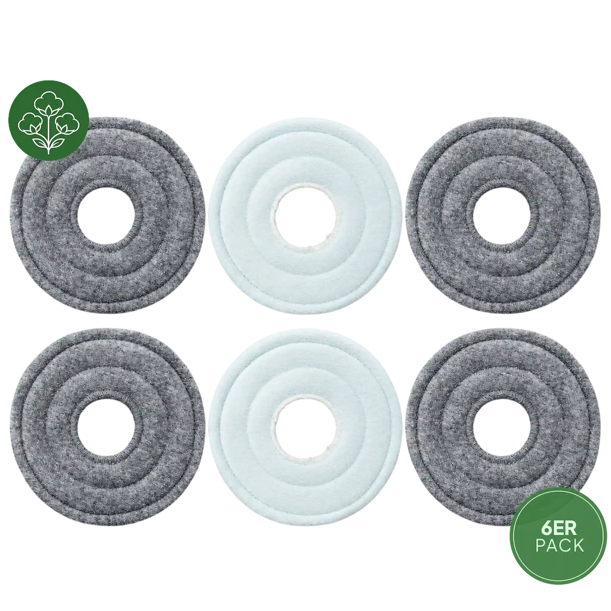 Freigestellte Produktansicht mit sechs runden Baumwoll-Wischpads von Grashüpfer in Grau und Hellblau als Ersatzpads für kompatible Wischroboter.