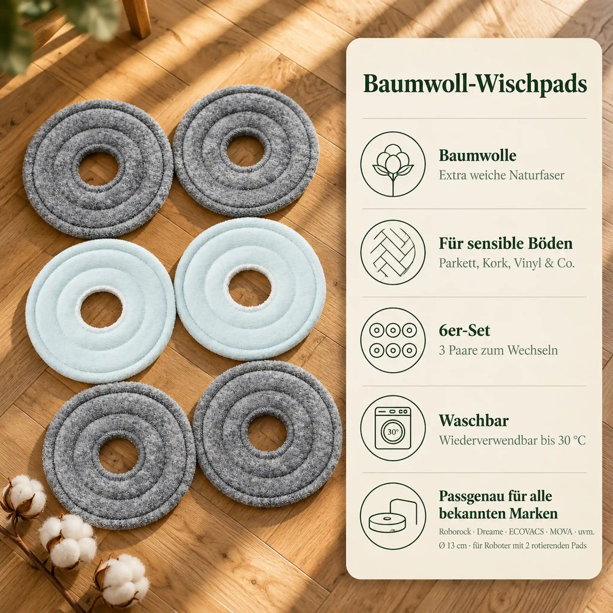 Grashüpfer Baumwoll-Wischpads im 6er-Set auf Holzboden mit Informationen zu Baumwollmaterial, Waschbarkeit bei 30 °C und Verwendung auf sensiblen Böden.