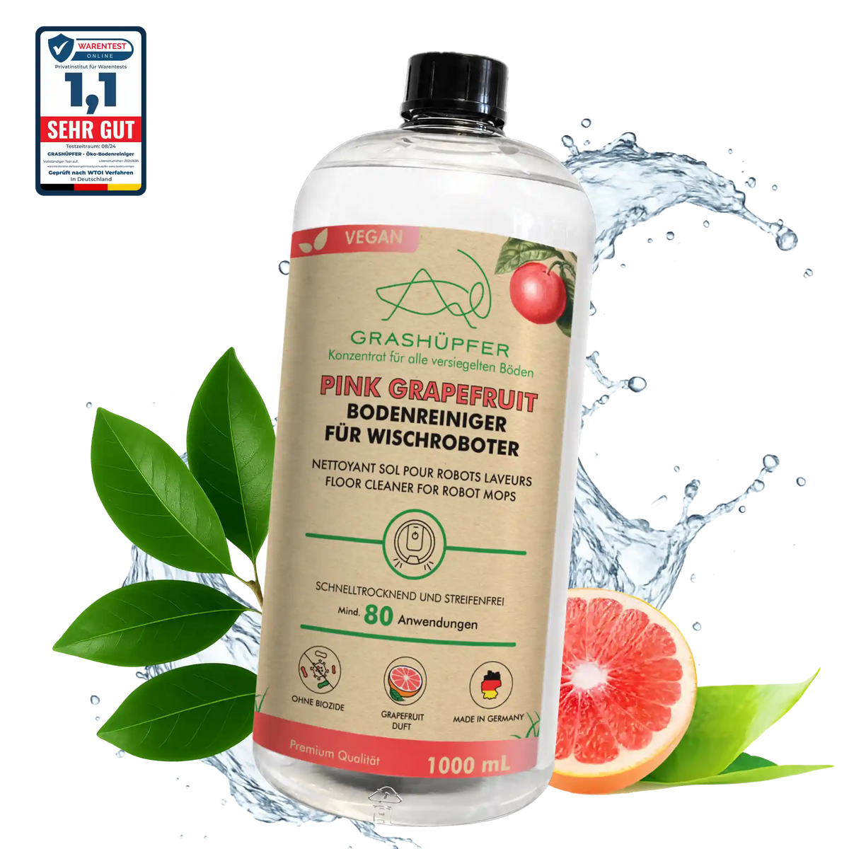 GRASHÜPFER Bodenreiniger für Wischroboter Pink Grapefruit mit Grapefruit und Testnote 1,1.