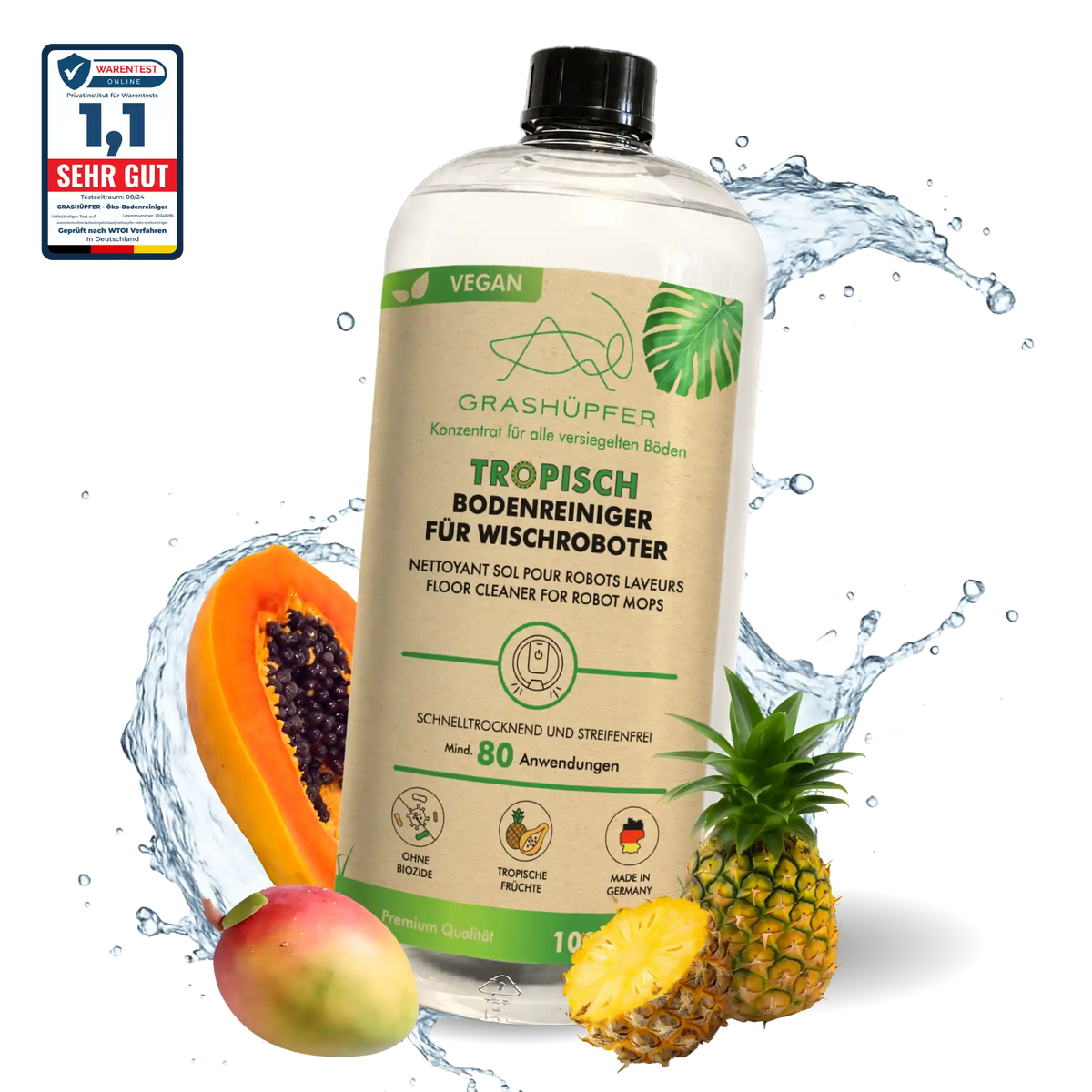 GRASHÜPFER Bodenreiniger für Wischroboter Tropisch mit Papaya, Mango, Ananas und Testnote 1,1.