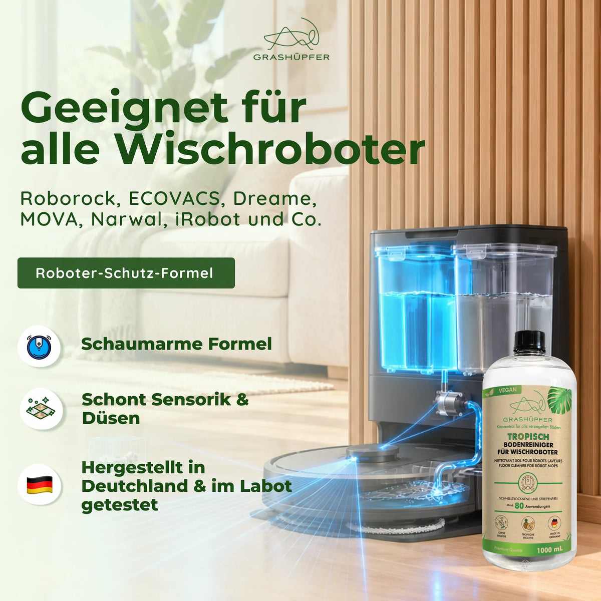 Grashüpfer Bodenreiniger Tropisch neben einer schematischen Darstellung von Wassertanks, Leitungen und Saug-Wischroboter.