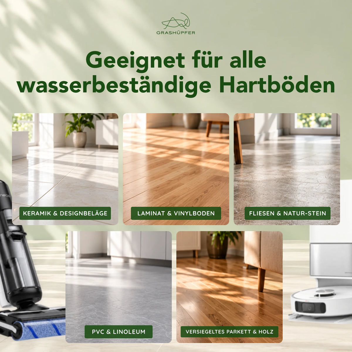 Übersicht verschiedener Bodenbeläge zum Grashüpfer Bodenreiniger: Fliesen, Laminat, Vinyl, Naturstein, PVC, Linoleum und versiegeltes Holz.
