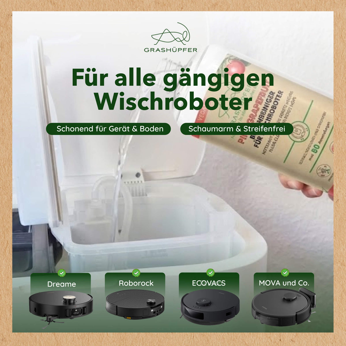 Grashüpfer Bodenreiniger wird in den Wassertank eines Wischroboters gegeben; Kompatibilitätsdarstellung mit Dreame, Roborock, ECOVACS und MOVA.
