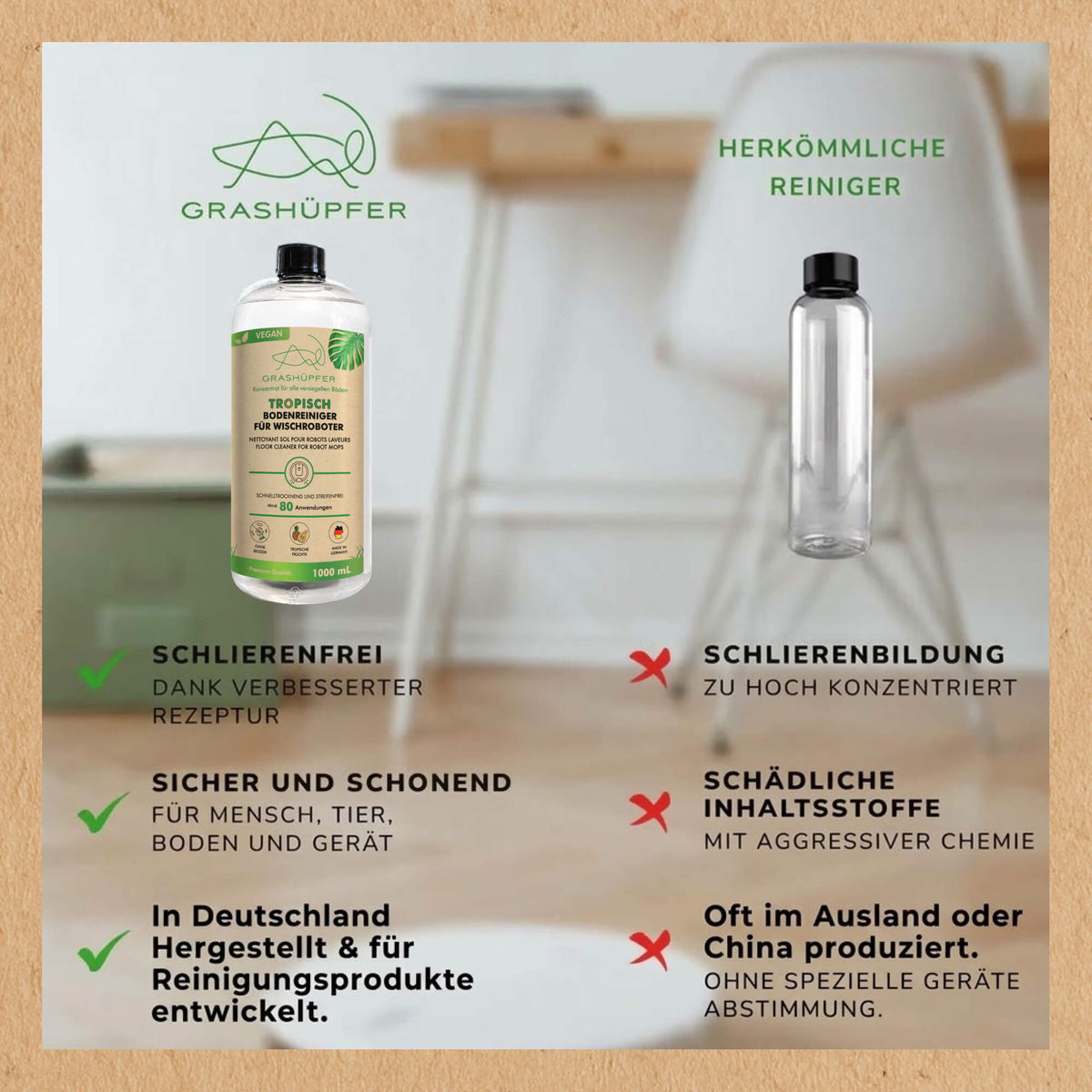 Vergleichsgrafik zum Grashüpfer Bodenreiniger für Wischroboter und einem herkömmlichen Reiniger mit dargestellten Produkteigenschaften und Herstellung in Deutschland.