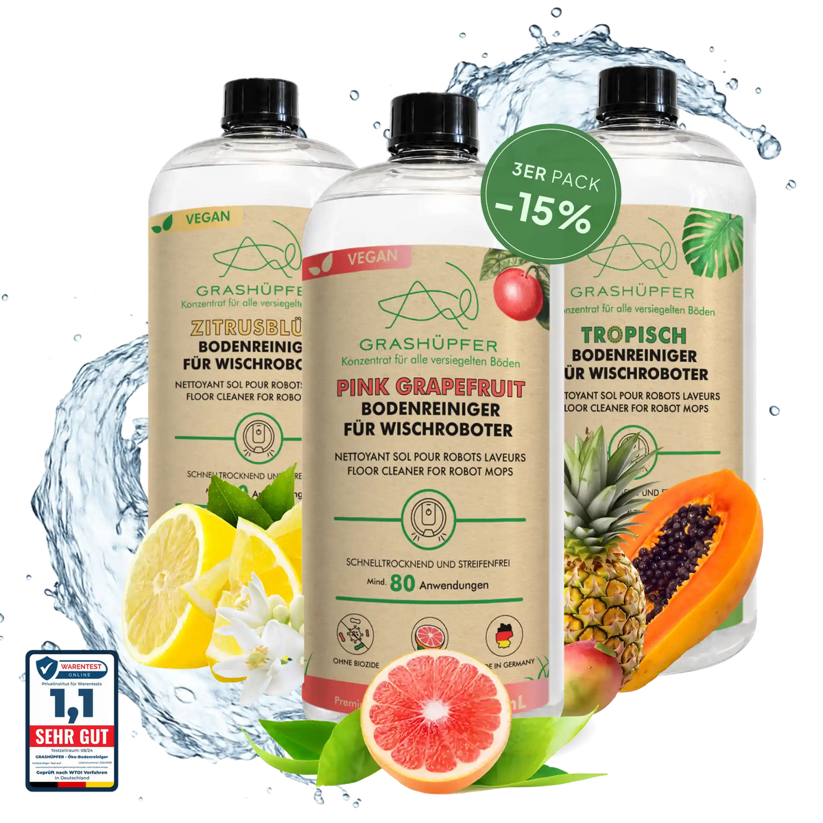 GRASHÜPFER Bodenreiniger für Wischroboter im 3er-Set mit Zitrusblüte, Pink Grapefruit und Tropisch, 15 % Rabatt.