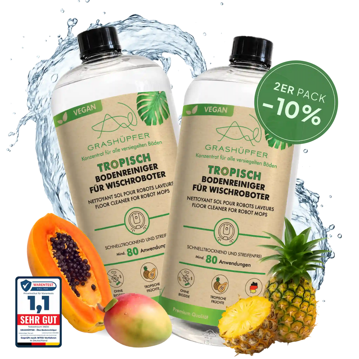 GRASHÜPFER Bodenreiniger für Wischroboter Tropisch im 2er-Set mit 10 % Rabatt und tropischen Früchten.