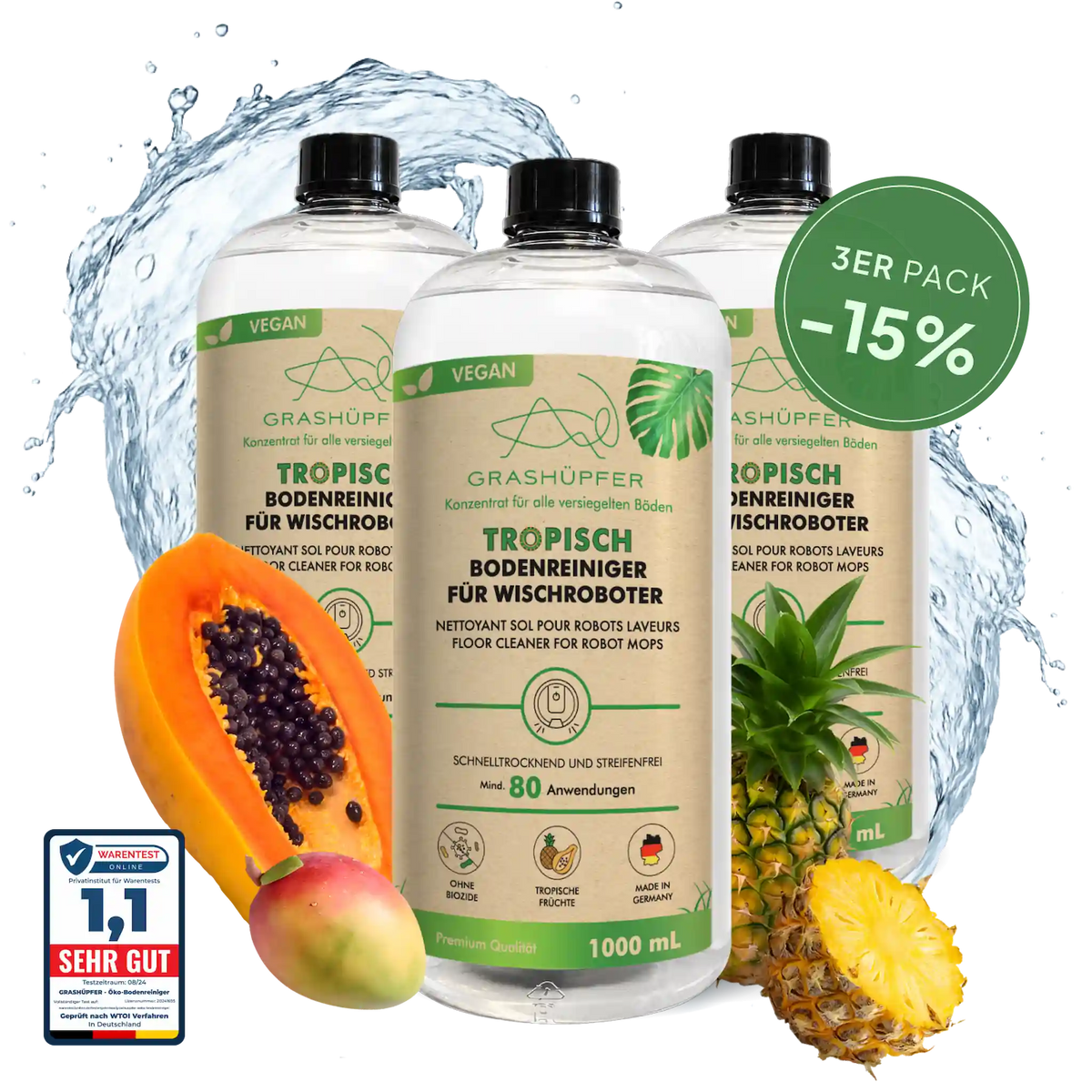 GRASHÜPFER Bodenreiniger für Wischroboter Tropisch im 3er-Set mit 15 % Rabatt und tropischen Früchten.