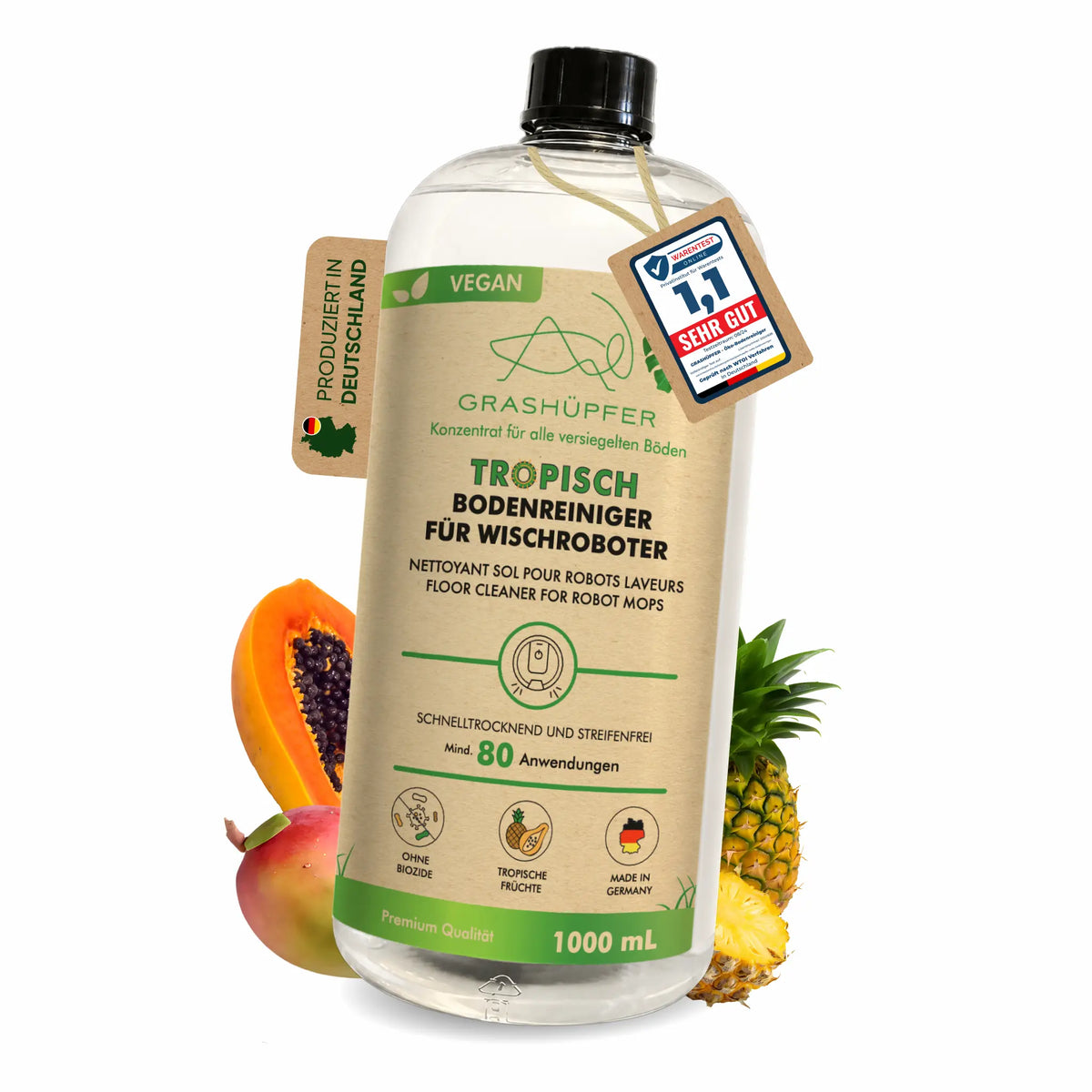 GRASHÜPFER Bodenreiniger für Wischroboter Tropisch mit Papaya, Mango und Ananas, 1000 ml, vegan und Testnote 1,1.