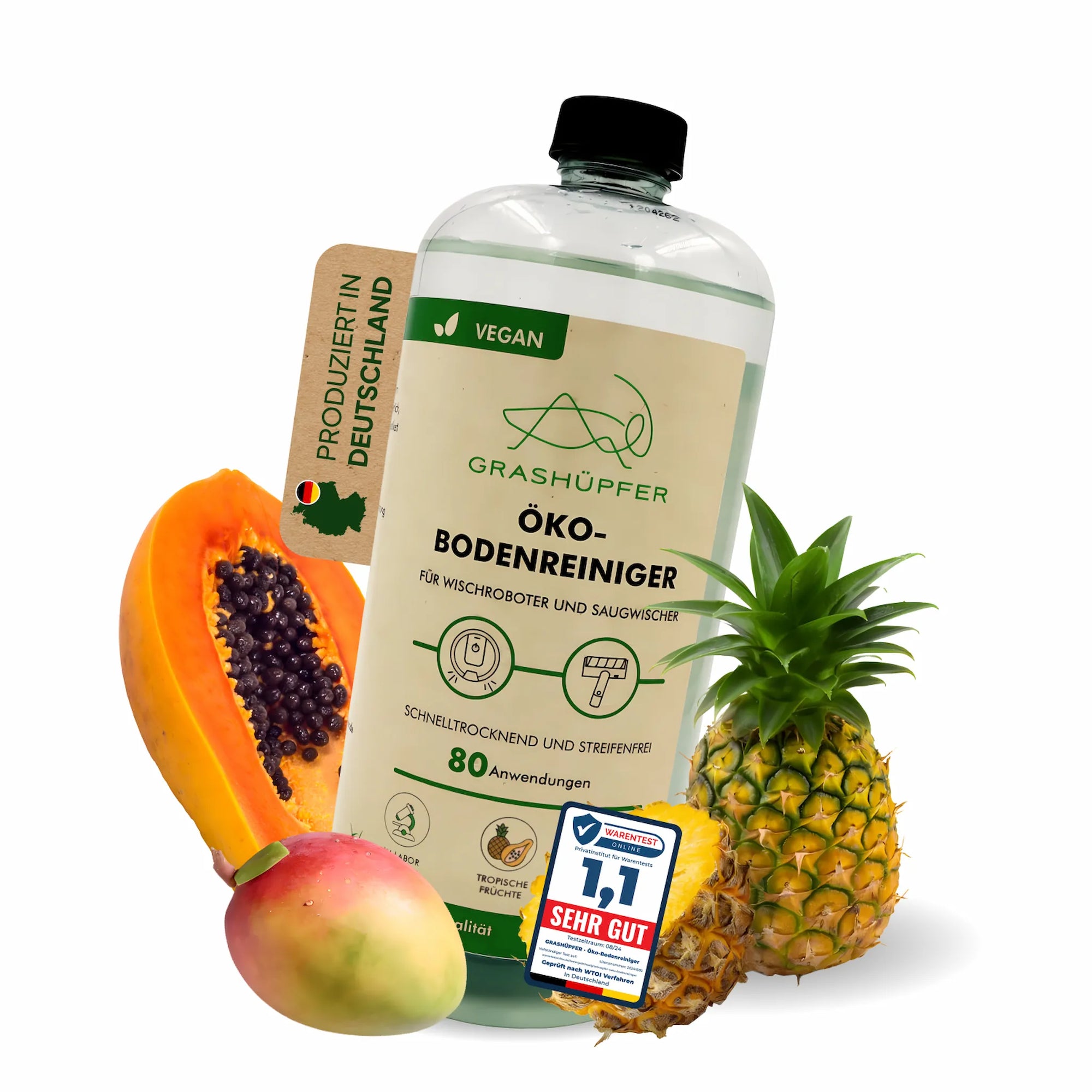 Grashüpfer Öko-Bodenreiniger Tropisch für Wischroboter und Saugwischer mit Papaya, Mango und Ananas Konzentrat für streifenfreie Bodenreinigung.