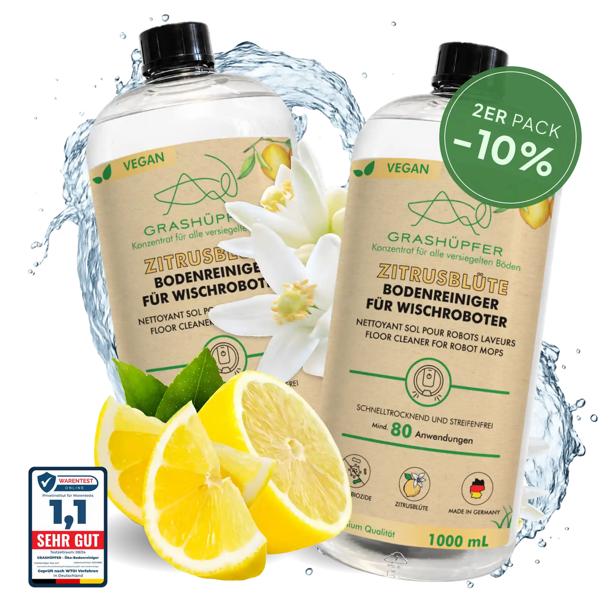 GRASHÜPFER Bodenreiniger für Wischroboter Tropisch im 2er-Set mit 10 % Rabatt und tropischen Früchten.