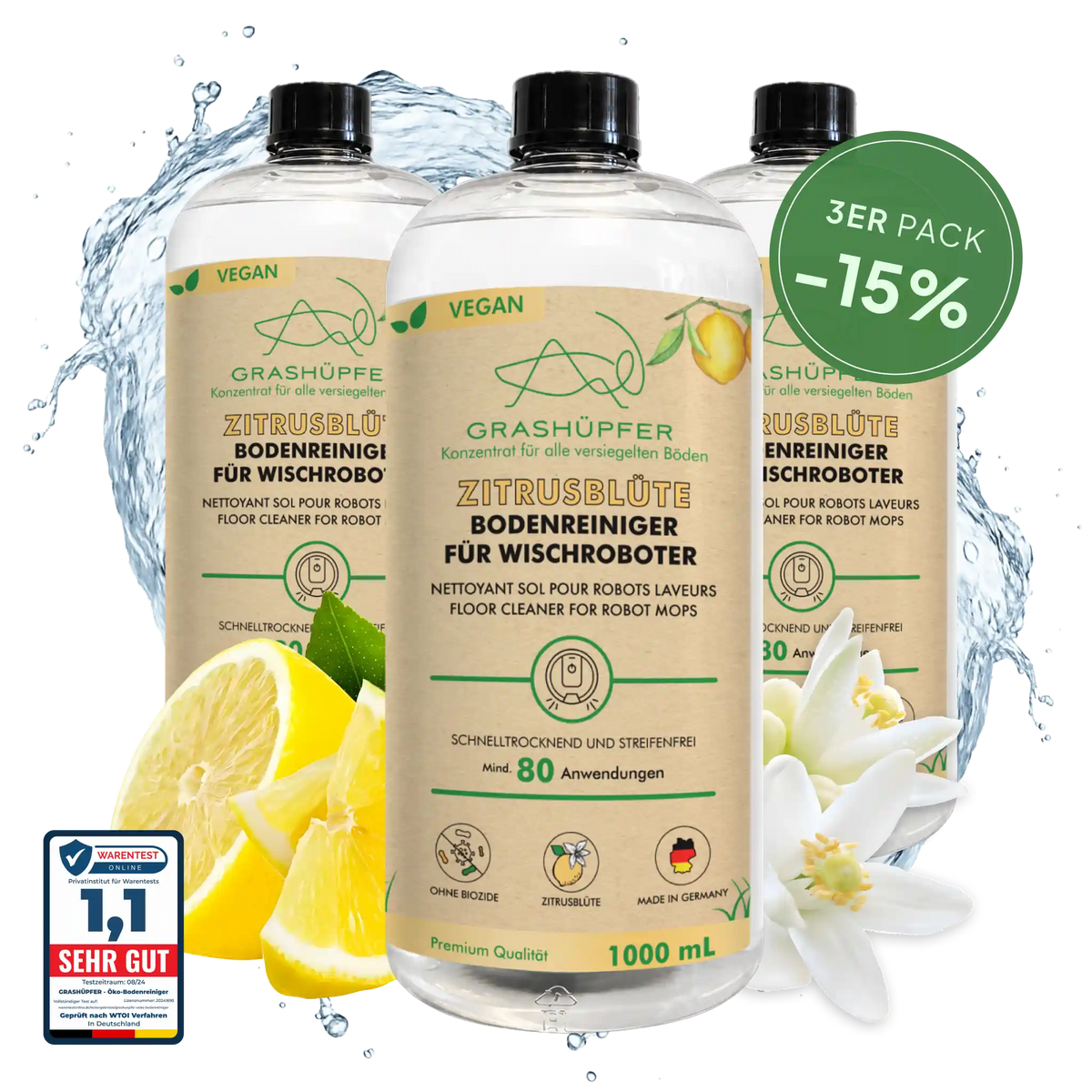 GRASHÜPFER Bodenreiniger für Wischroboter Zitrusblüte im 3er-Set mit 15 % Rabatt.